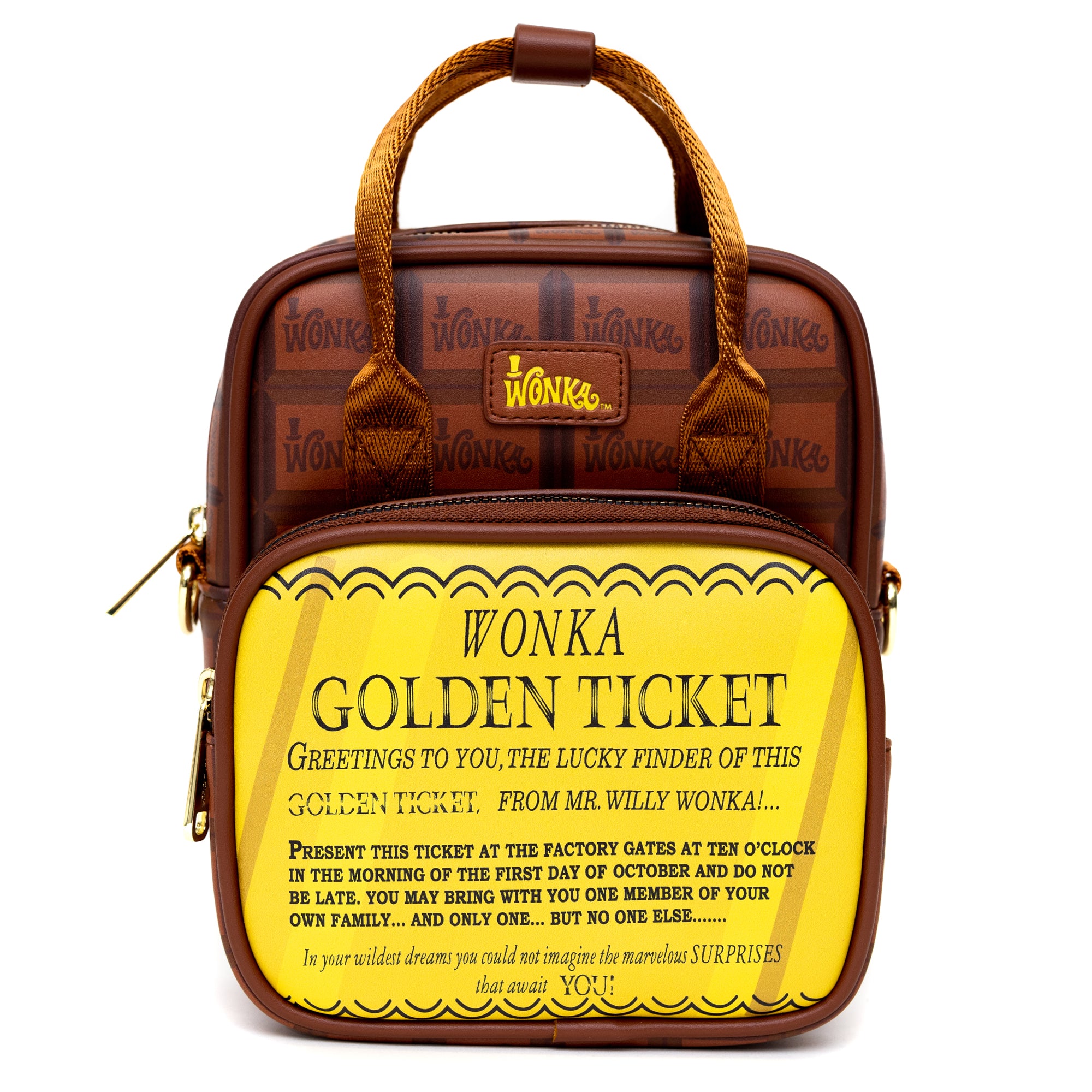 Warner Bros. Movies Bag, Cross Body, Willy Wonka Golden Ticket Text and Wonka Bar Print Browns, Vegan Leather Crossbody Bags Willy Wonka and the Chocolate Factory