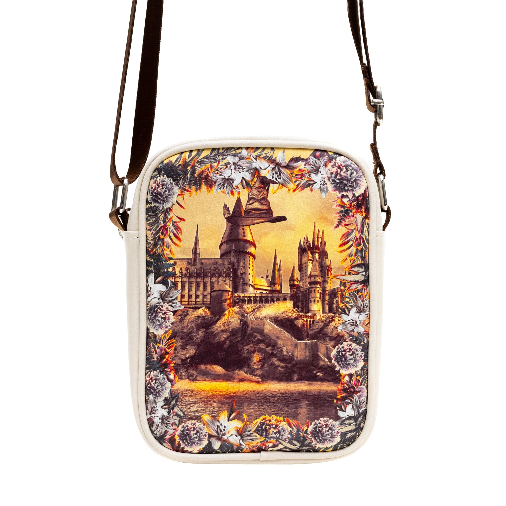 Harry Potter Vegan Leather Round Crossbody Bag with Adjustable Straps, Hogwarts Floral Fantasy Off White Crossbody Bags Harry Potter