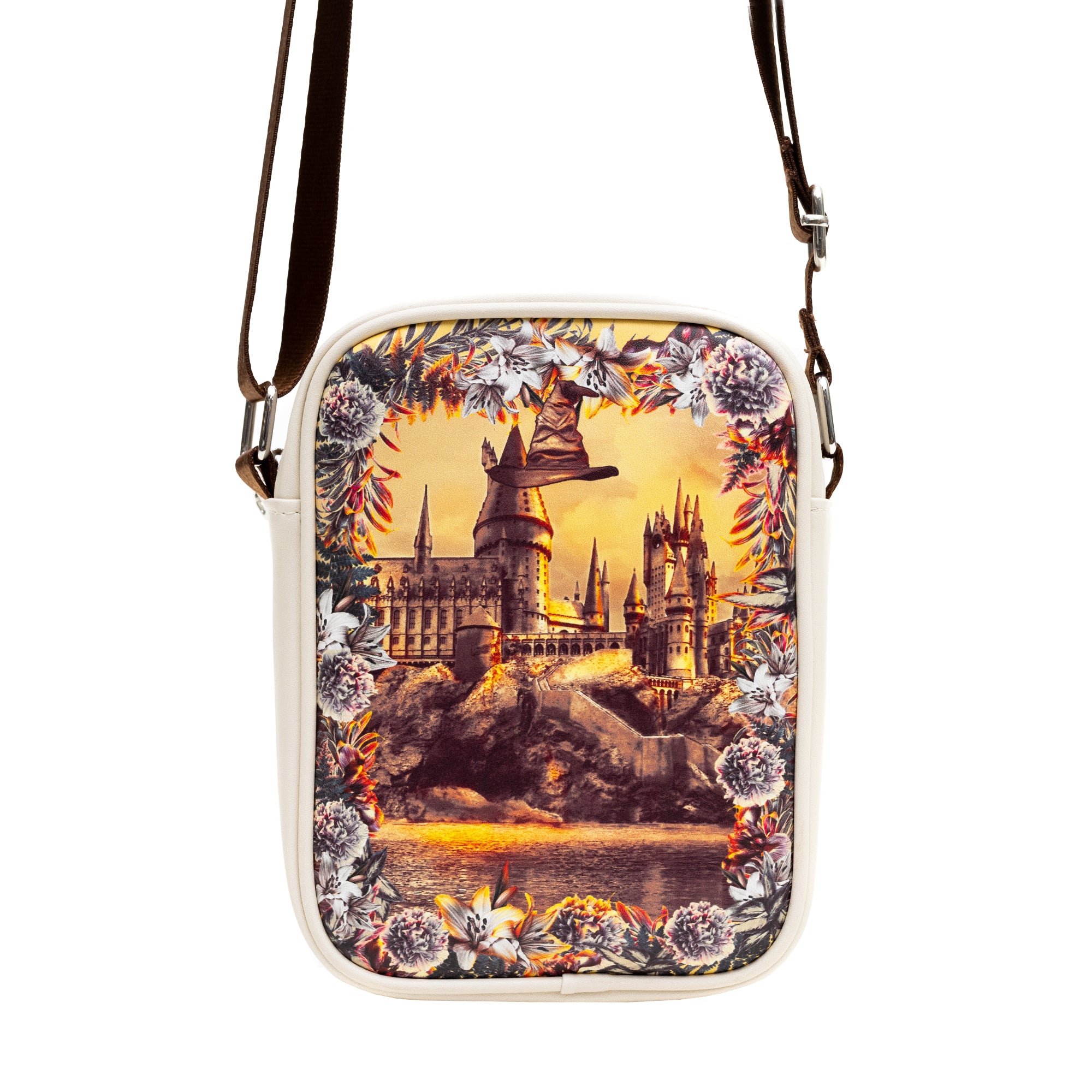 Harry Potter Vegan Leather Round Crossbody Bag with Adjustable Straps, Hogwarts Floral Fantasy Off White Crossbody Bags Harry Potter