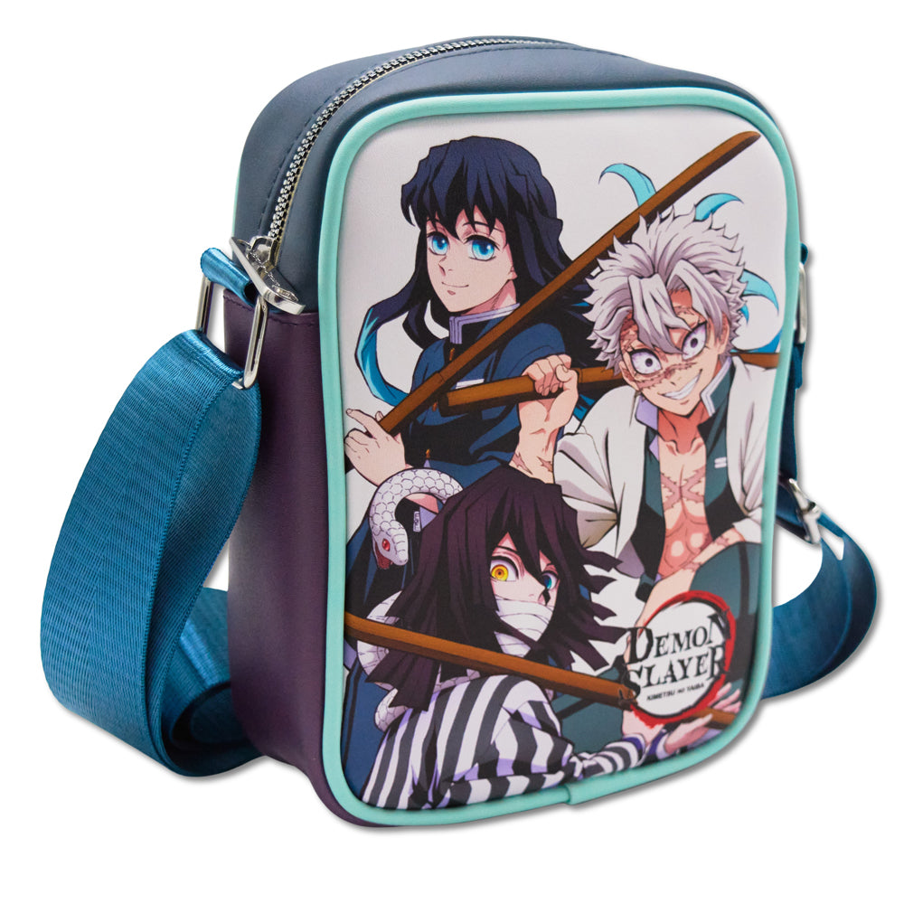 Demon Slayer Vegan Leather Crossbody Bag with Adjustable Strap, Three Demon Slayers Character Group Pose and Title Logo White Crossbody Bags Demon Slayer