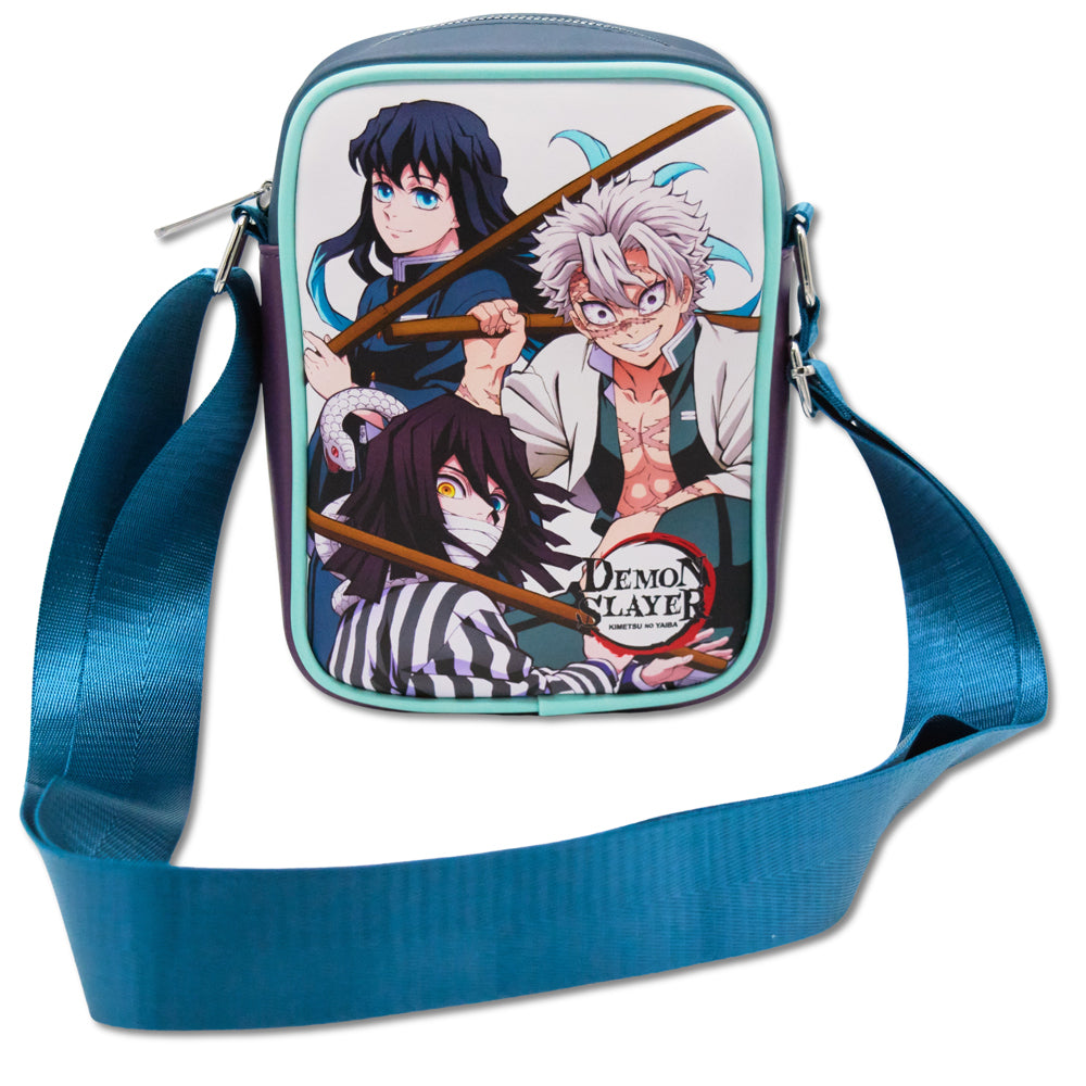 Demon Slayer Vegan Leather Crossbody Bag with Adjustable Strap, Three Demon Slayers Character Group Pose and Title Logo White Crossbody Bags Demon Slayer