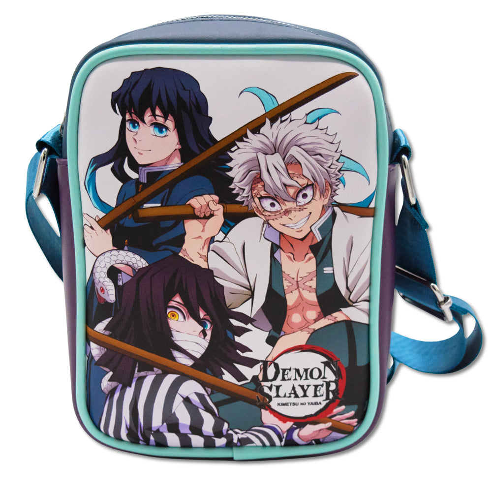 Demon Slayer Vegan Leather Crossbody Bag with Adjustable Strap, Three Demon Slayers Character Group Pose and Title Logo White Crossbody Bags Demon Slayer