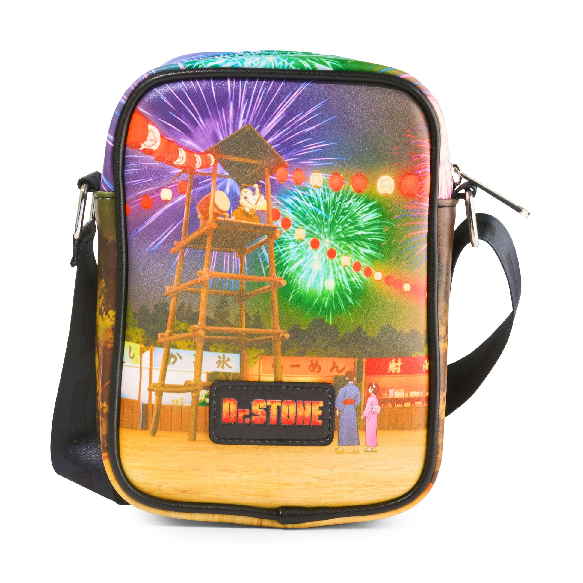Dr. Stone Vegan Leather Crossbody Bag with Adjustable Strap, Dr Stone Charcter Group Festival and Fireworks Scene Crossbody Bags Dr. Stone