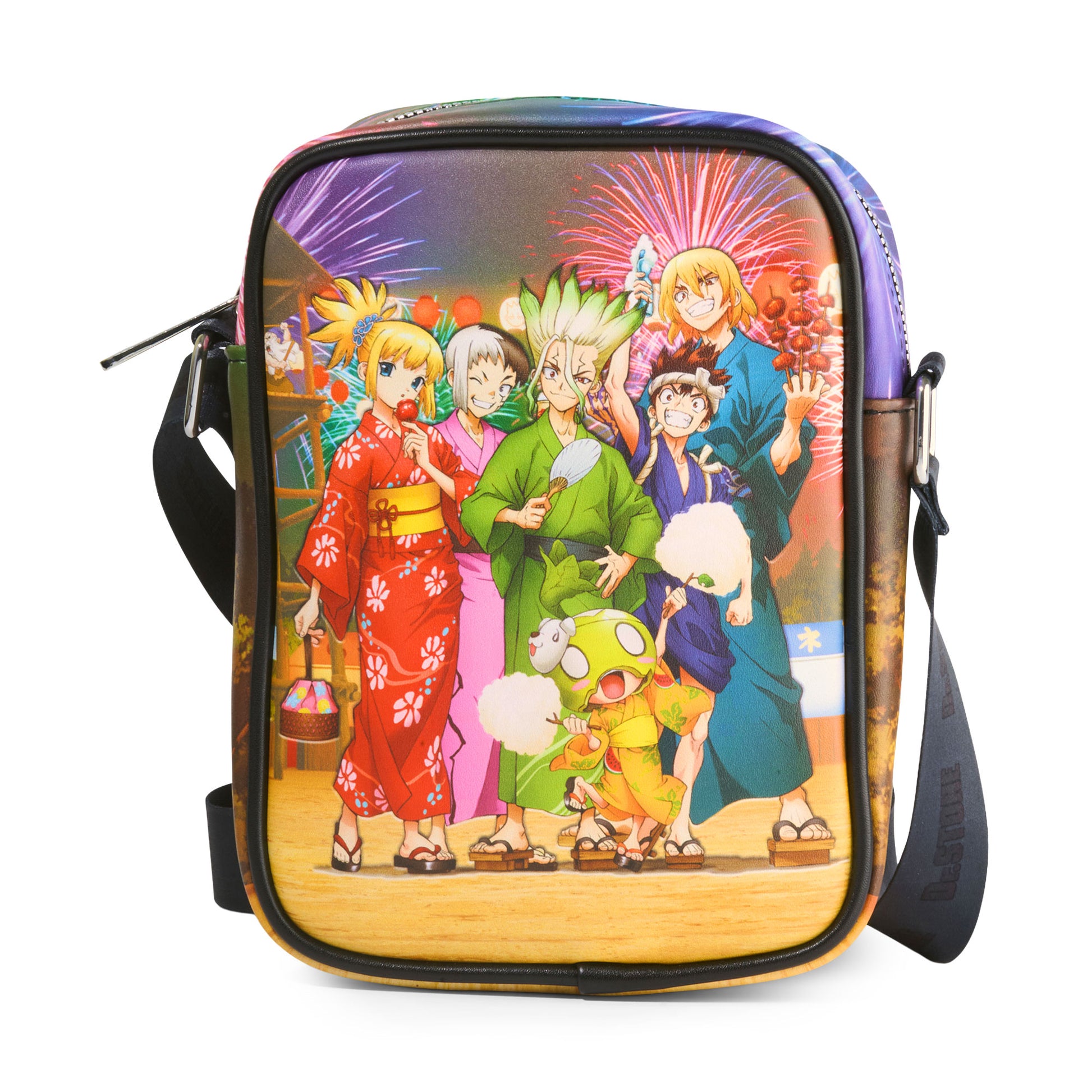 Dr. Stone Vegan Leather Crossbody Bag with Adjustable Strap, Dr Stone Charcter Group Festival and Fireworks Scene Crossbody Bags Dr. Stone