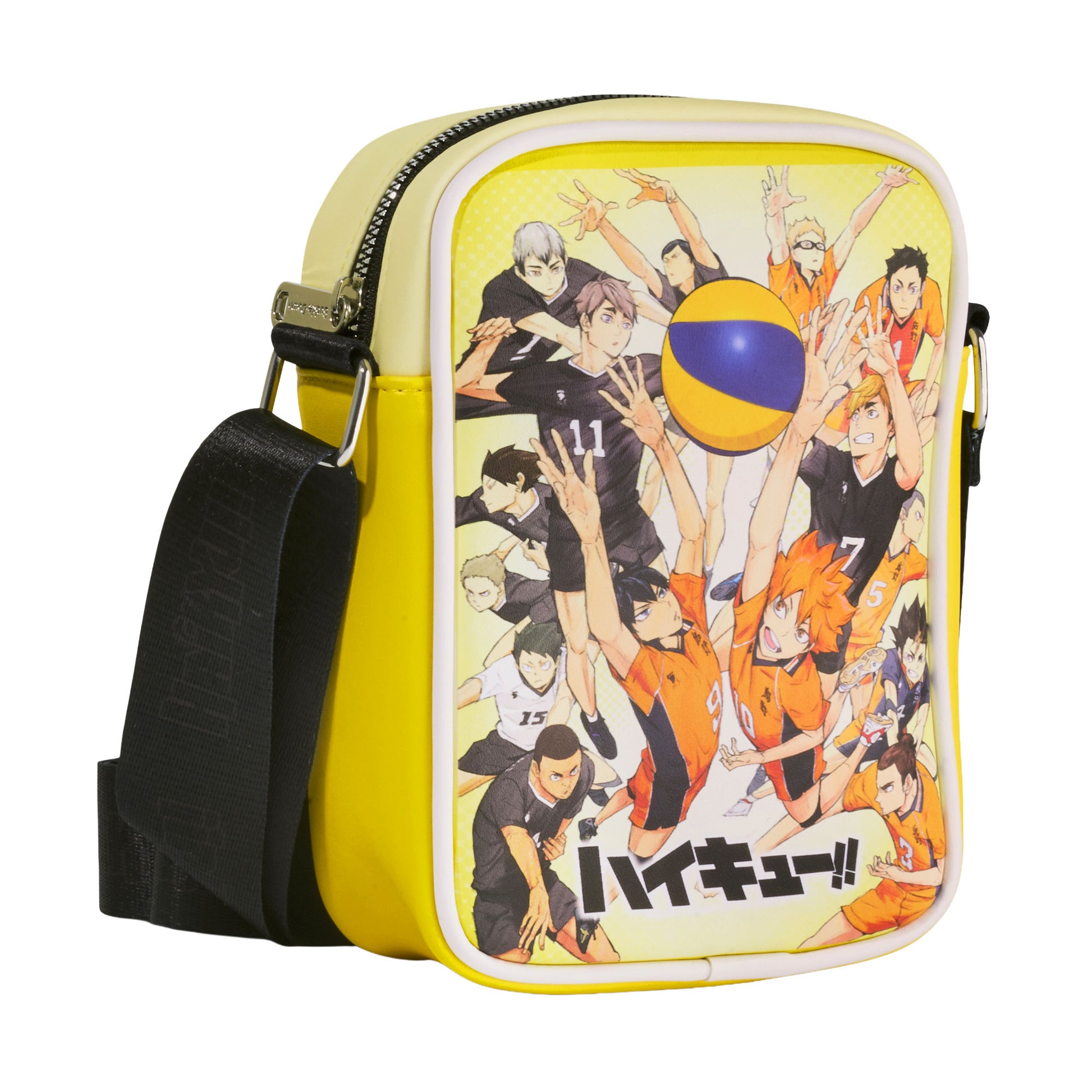 Haikyu!! Vegan Leather Crossbody Bag with Adjustable Strap, Haikyu To the Top Players Group and Title Logo Yellow Crossbody Bags Haikyu!!