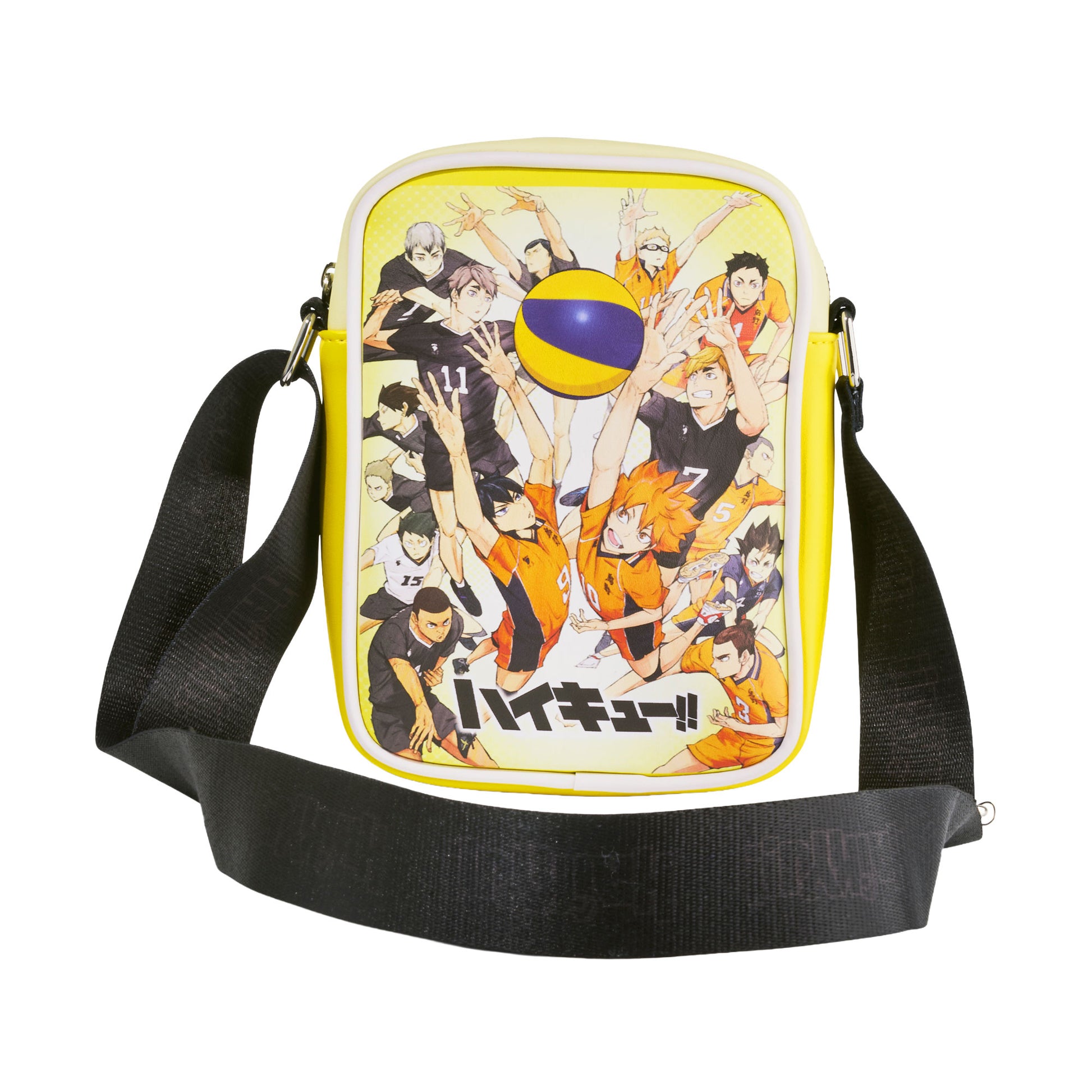 Haikyu!! Vegan Leather Crossbody Bag with Adjustable Strap, Haikyu To the Top Players Group and Title Logo Yellow Crossbody Bags Haikyu!!