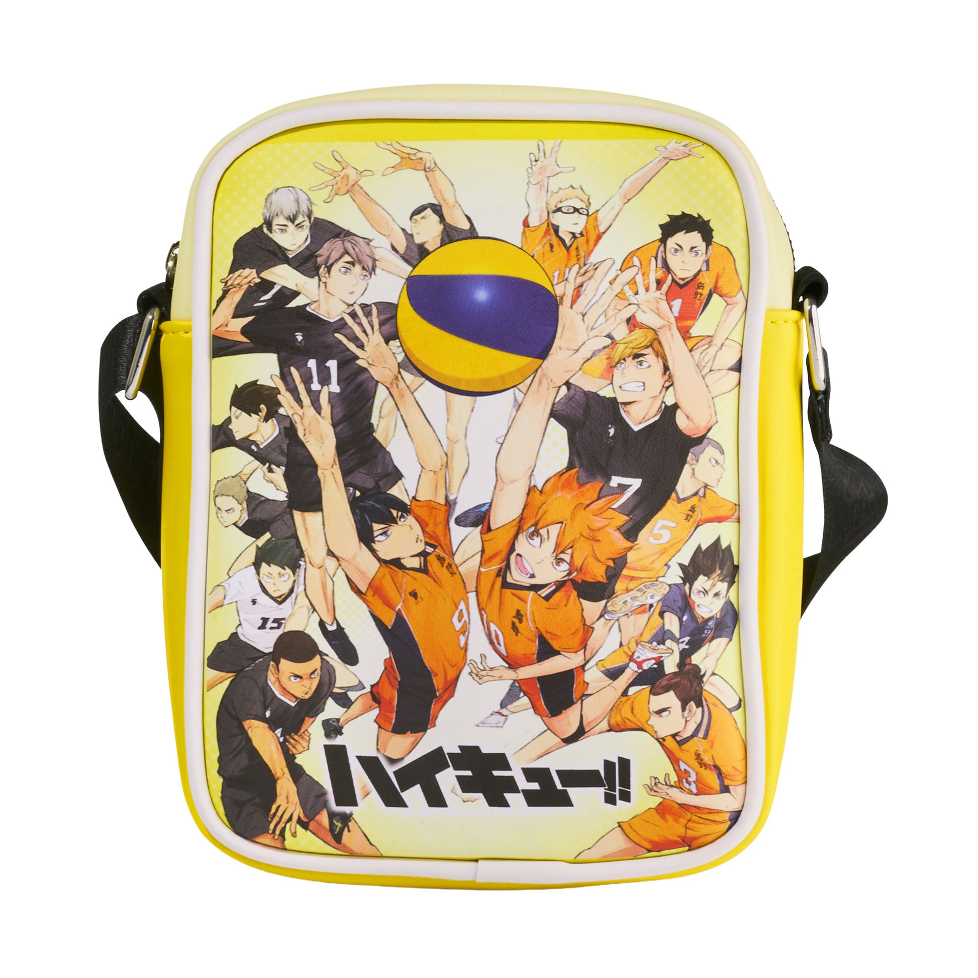 Haikyu!! Vegan Leather Crossbody Bag with Adjustable Strap, Haikyu To the Top Players Group and Title Logo Yellow Crossbody Bags Haikyu!!