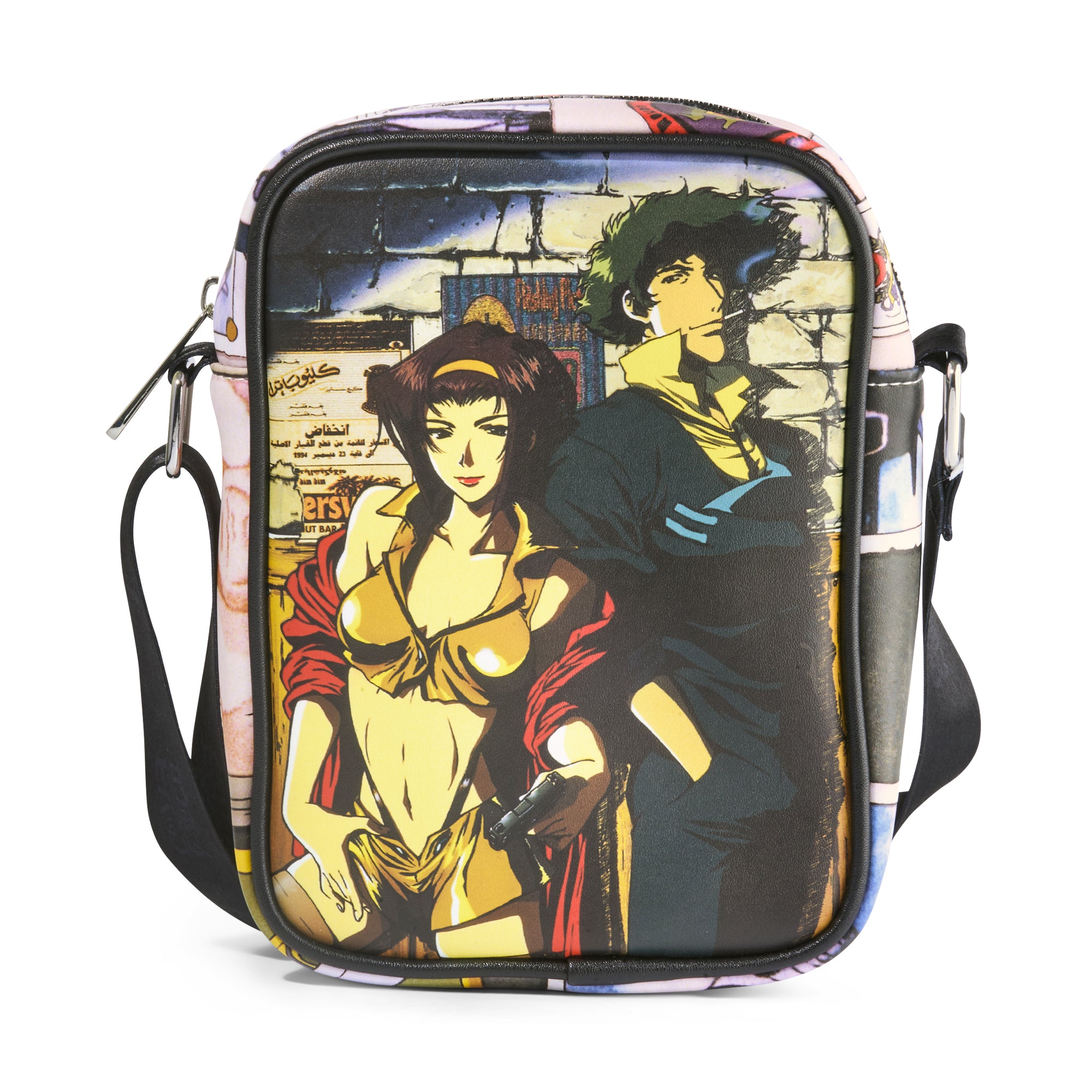Cowboy Bebop Vegan Leather Crossbody Bag with Adjustable Strap, Cowboy Bebop Faye and Spike Pose with Scenes Crossbody Bags Cowboy Bebop