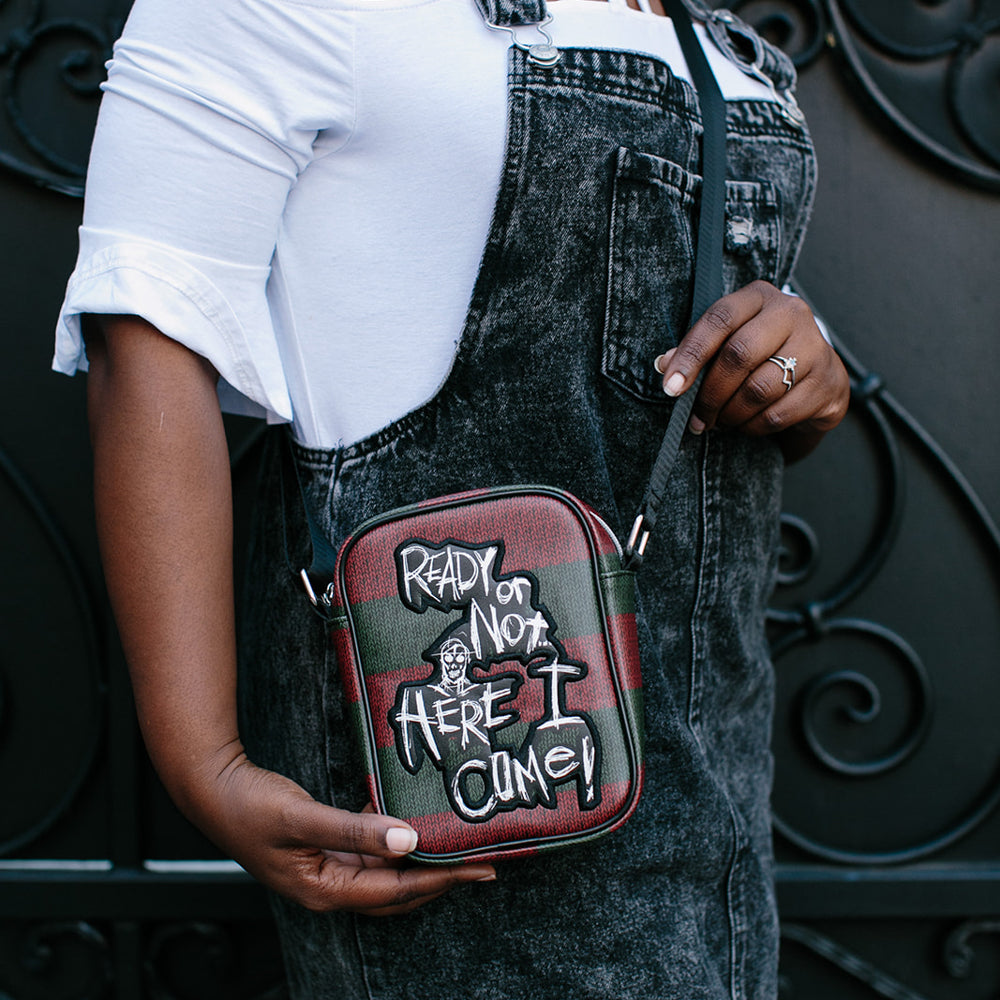 Nightmare on Elm Street Horror Movie Bag, Crossbody, A Nightmare on Elm Street Freddy Quote Scribbles, Stripe Green Red, Vegan Leather Crossbody Bags A Nightmare on Elm Street