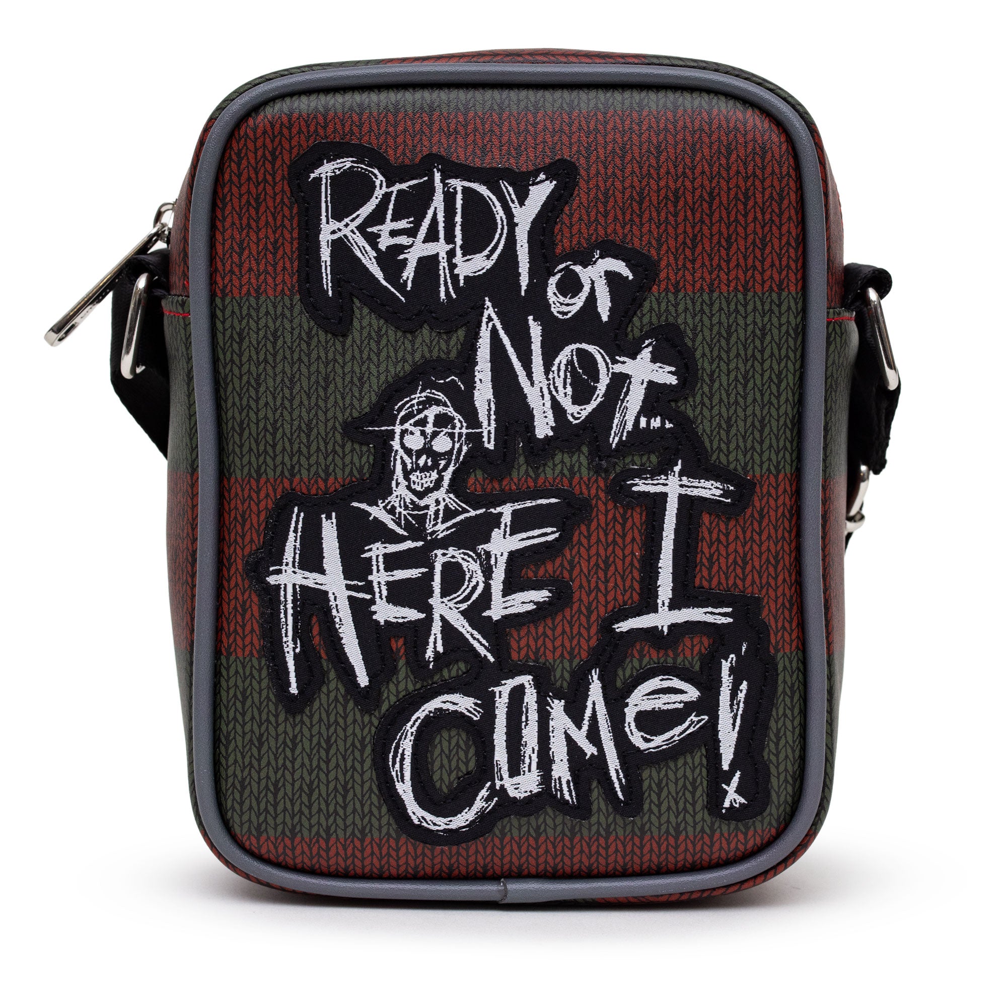 Nightmare on Elm Street Horror Movie Bag, Crossbody, A Nightmare on Elm Street Freddy Quote Scribbles, Stripe Green Red, Vegan Leather