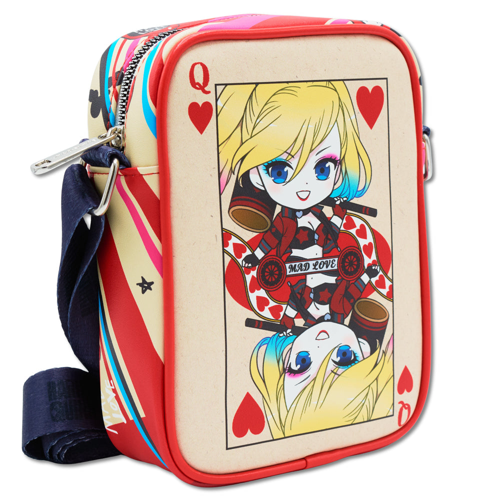 DC Comics Bag, Crossbody, Harley Quinn Chibi Queen of Hearts Card and Icons Beige Red, Vegan Leather Crossbody Bags DC Comics