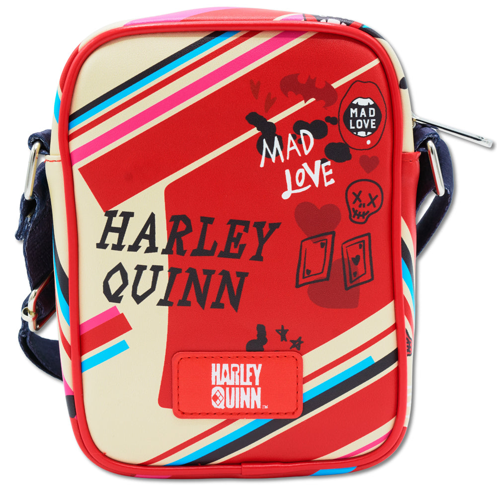 DC Comics Bag, Crossbody, Harley Quinn Chibi Queen of Hearts Card and Icons Beige Red, Vegan Leather Crossbody Bags DC Comics