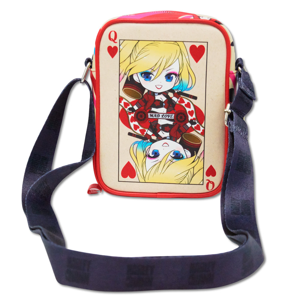 DC Comics Bag, Crossbody, Harley Quinn Chibi Queen of Hearts Card and Icons Beige Red, Vegan Leather Crossbody Bags DC Comics