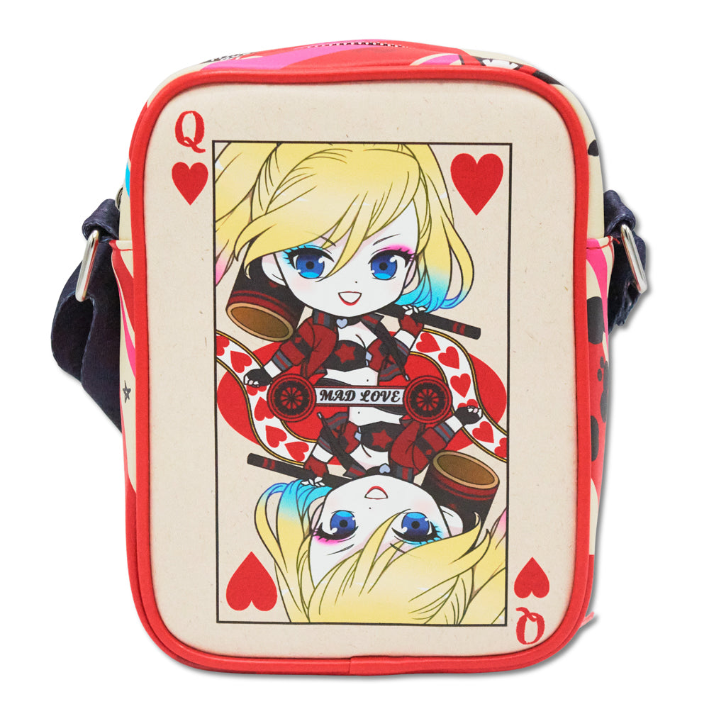 DC Comics Bag, Crossbody, Harley Quinn Chibi Queen of Hearts Card and Icons Beige Red, Vegan Leather Crossbody Bags DC Comics