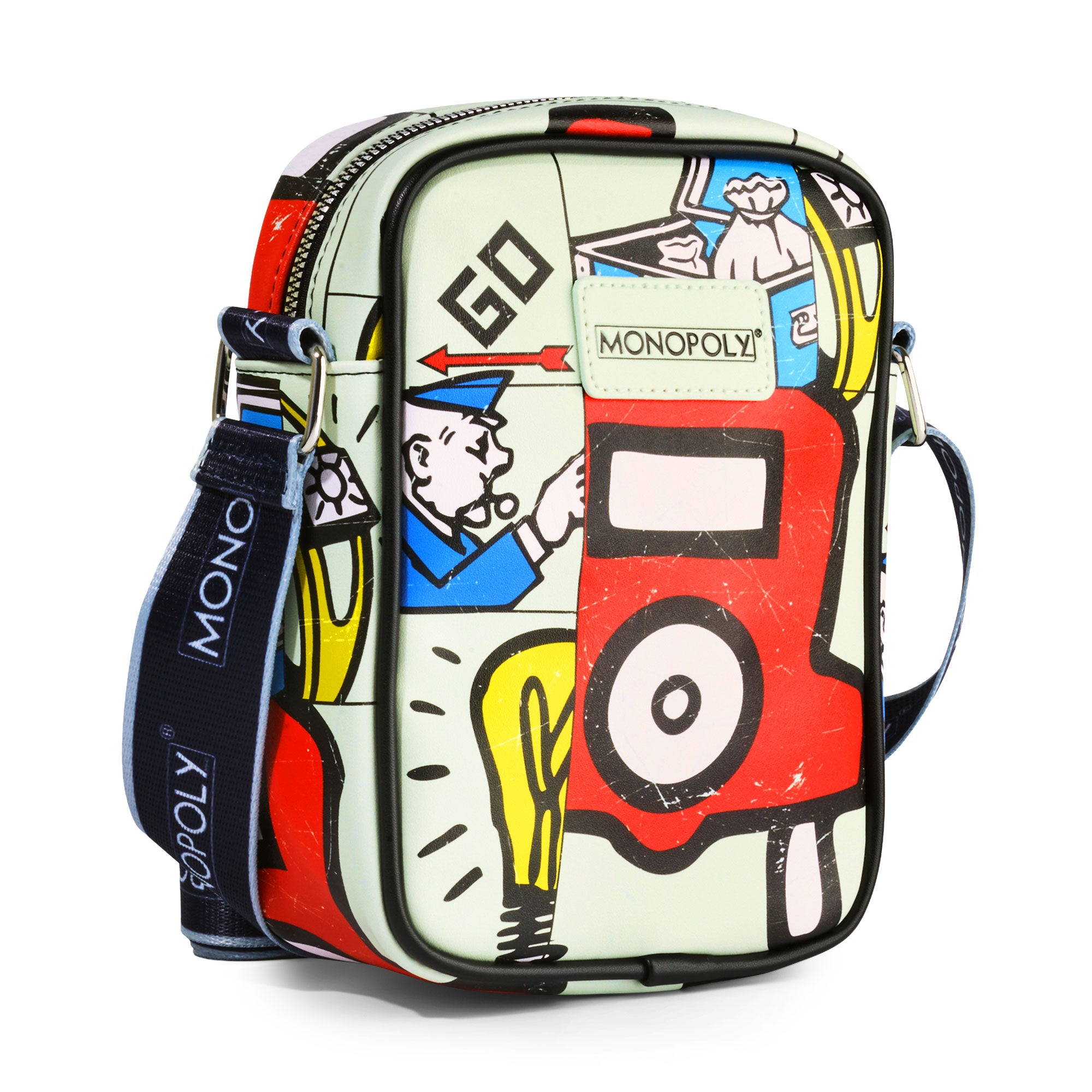 Monopoly Vegan Leather Crossbody Bag with Adjustable Strap, Monopoly In The Game Board Icons Stacked Crossbody Bags Monopoly