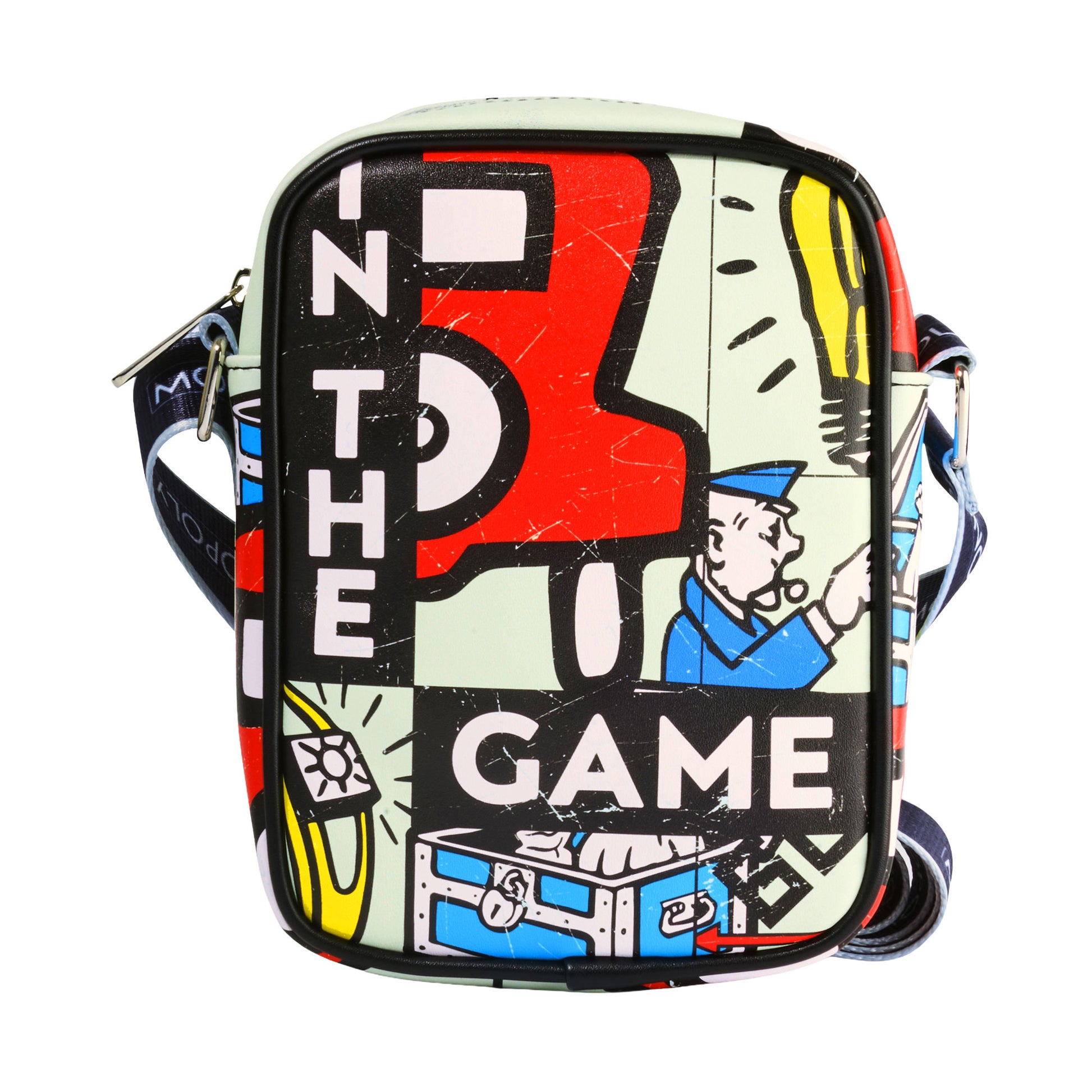 Monopoly Vegan Leather Crossbody Bag with Adjustable Strap, Monopoly In The Game Board Icons Stacked Crossbody Bags Monopoly