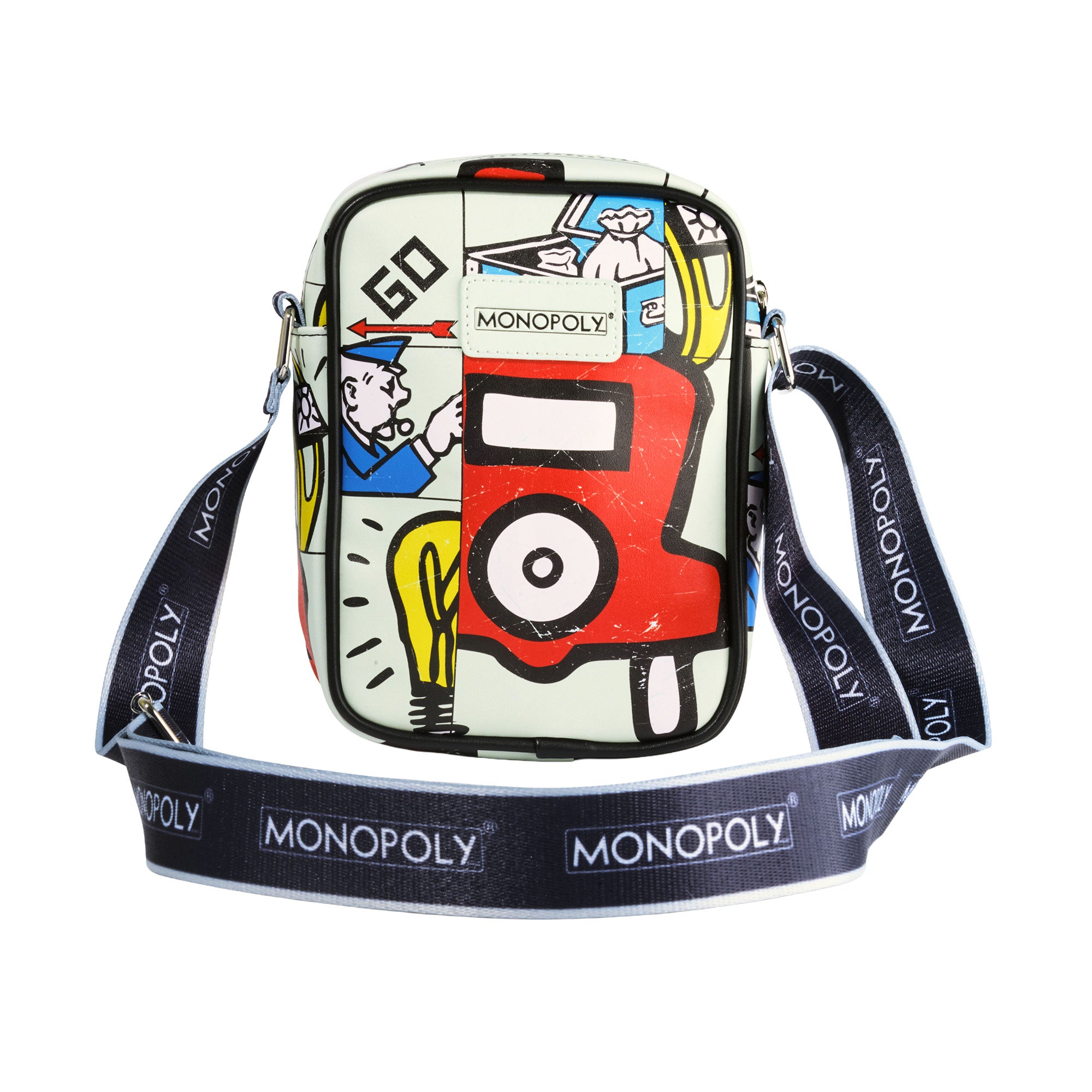 Monopoly Vegan Leather Crossbody Bag with Adjustable Strap, Monopoly In The Game Board Icons Stacked Crossbody Bags Monopoly