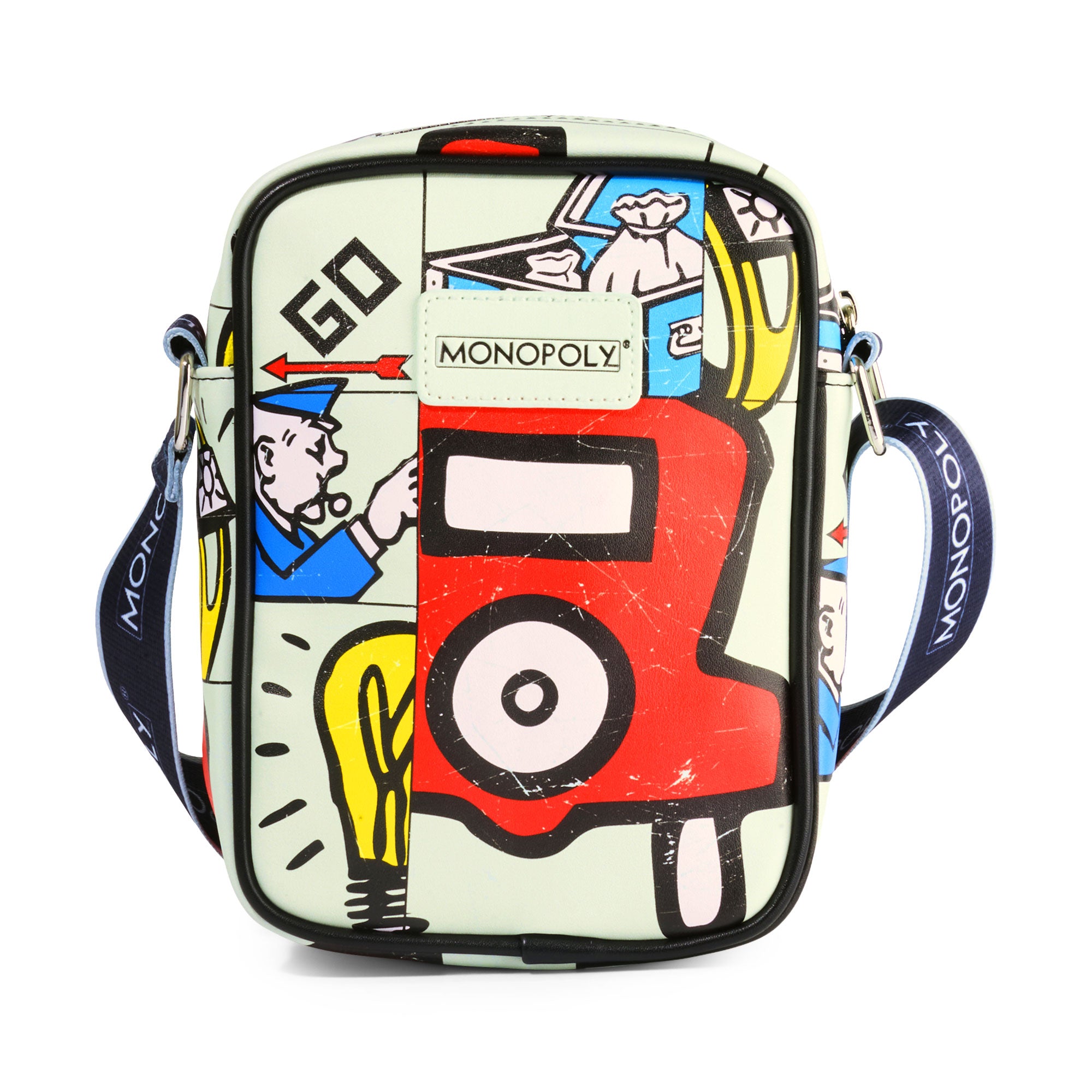 Monopoly Vegan Leather Crossbody Bag with Adjustable Strap, Monopoly In The Game Board Icons Stacked Crossbody Bags Monopoly