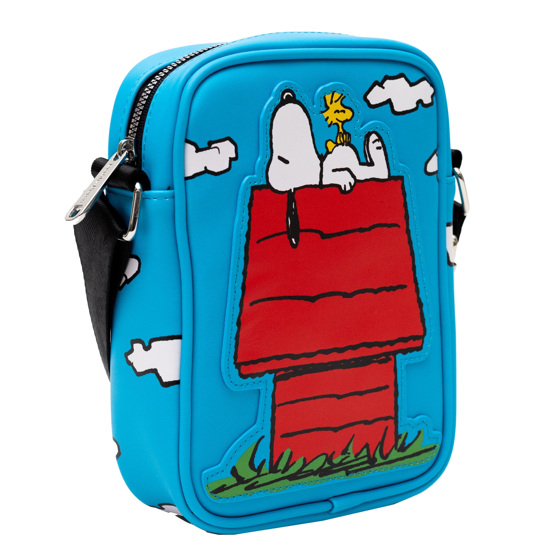 Peanuts Bag, Crossbody, The Secret of Life Snoopy and Woodstock Dog House Pose, Blue, Vegan Leather Crossbody Bags Peanuts