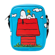 Peanuts Bag, Crossbody, The Secret of Life Snoopy and Woodstock Dog House Pose, Blue, Vegan Leather Crossbody Bags Peanuts