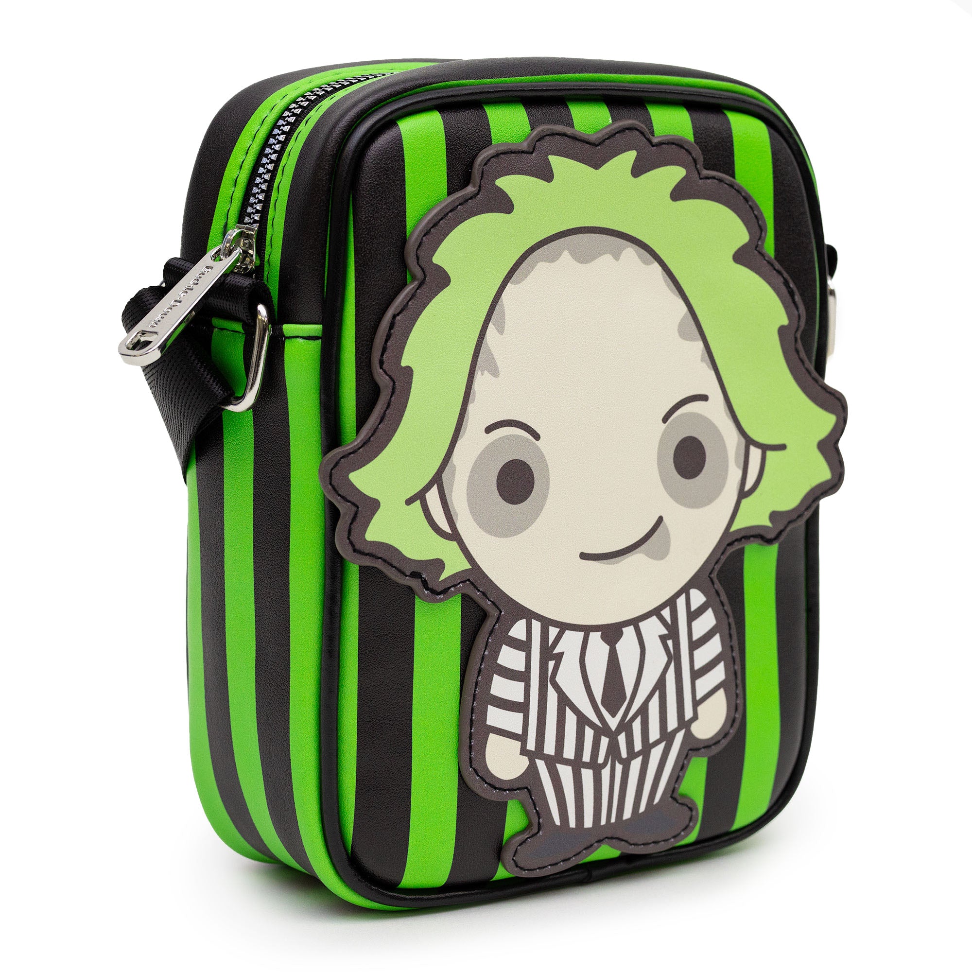 Beetlejuice Horror Movie Bag, Crossbody, Chibi Beetlejuice Pose Applique, Stripe Green Black, Vegan Leather