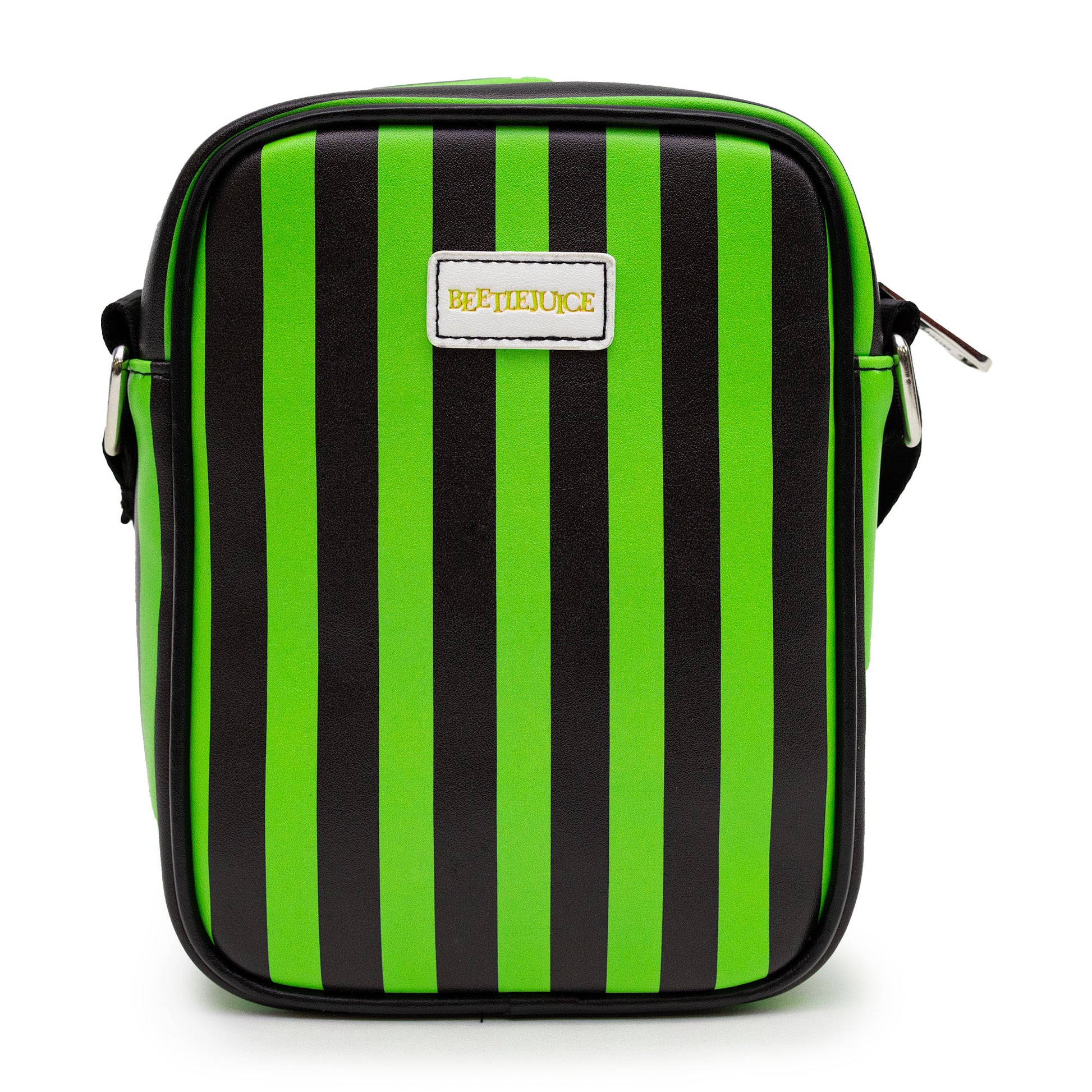 Beetlejuice Horror Movie Bag, Crossbody, Chibi Beetlejuice Pose Applique, Stripe Green Black, Vegan Leather Crossbody Bags Beetlejuice