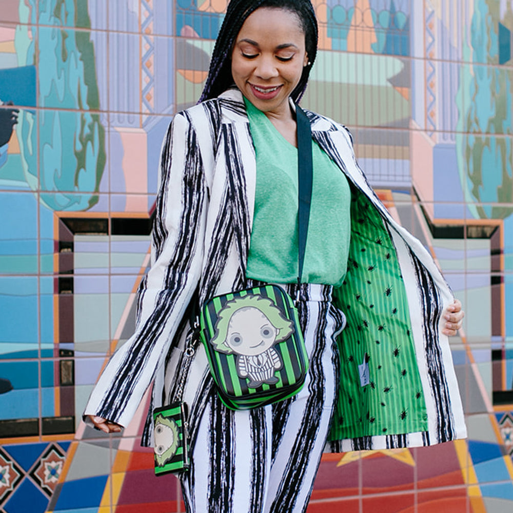 Beetlejuice Horror Movie Bag, Crossbody, Chibi Beetlejuice Pose Applique, Stripe Green Black, Vegan Leather Crossbody Bags Beetlejuice