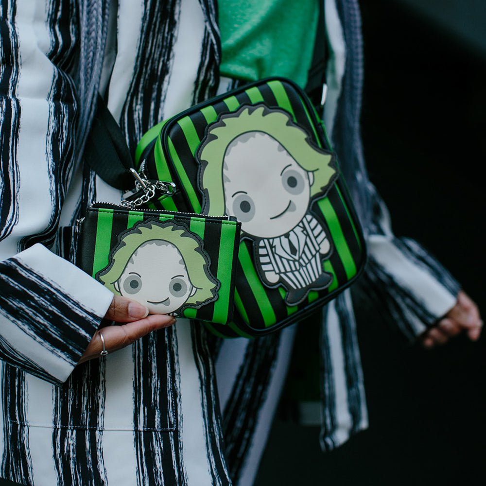 Beetlejuice Horror Movie Bag, Crossbody, Chibi Beetlejuice Pose Applique, Stripe Green Black, Vegan Leather Crossbody Bags Beetlejuice