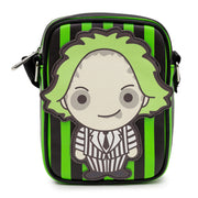 Beetlejuice Horror Movie Bag, Crossbody, Chibi Beetlejuice Pose Applique, Stripe Green Black, Vegan Leather Crossbody Bags Beetlejuice