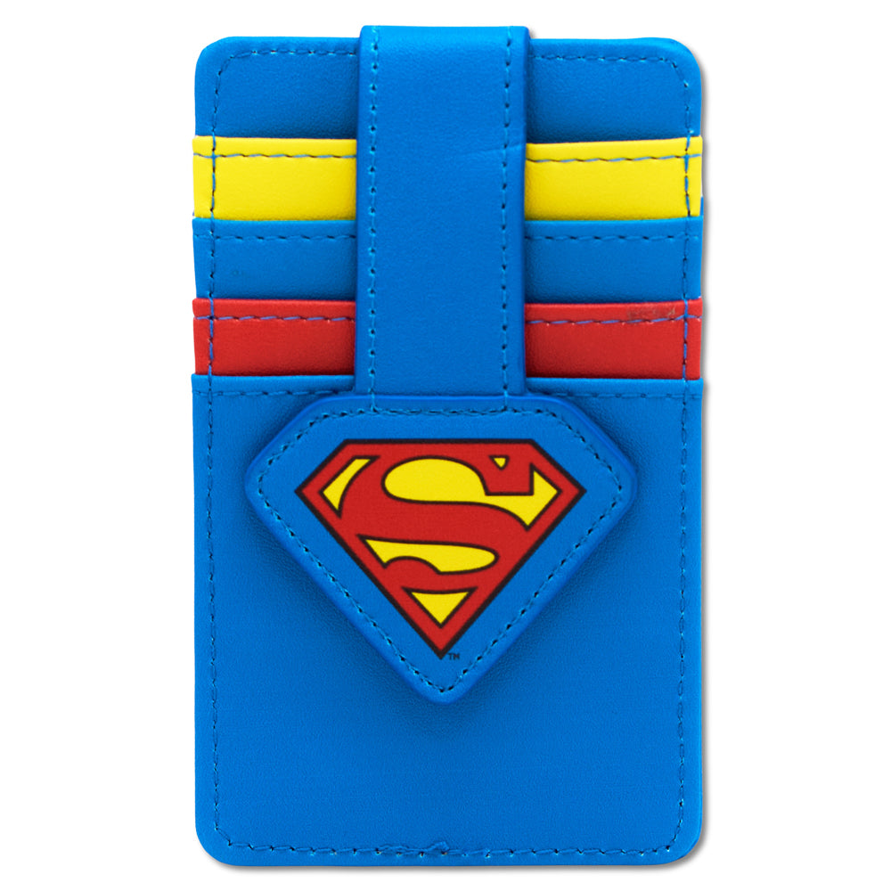 DC Comics Wallet, Character Wallet ID Card Holder, Superman Super Shield Logo Blue, Vegan Leather Mini ID Wallets DC Comics