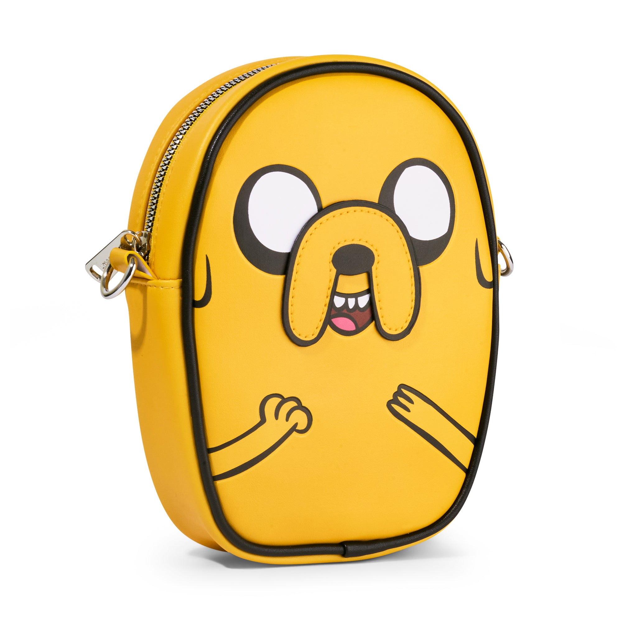 Adventure Time Vegan Leather Crossbody Bag with Adjustable Strap, Adventure Time Jake Character Close Up Yellow, Stripe Black White, 7" x 8" Crossbody Bags Adventure Time