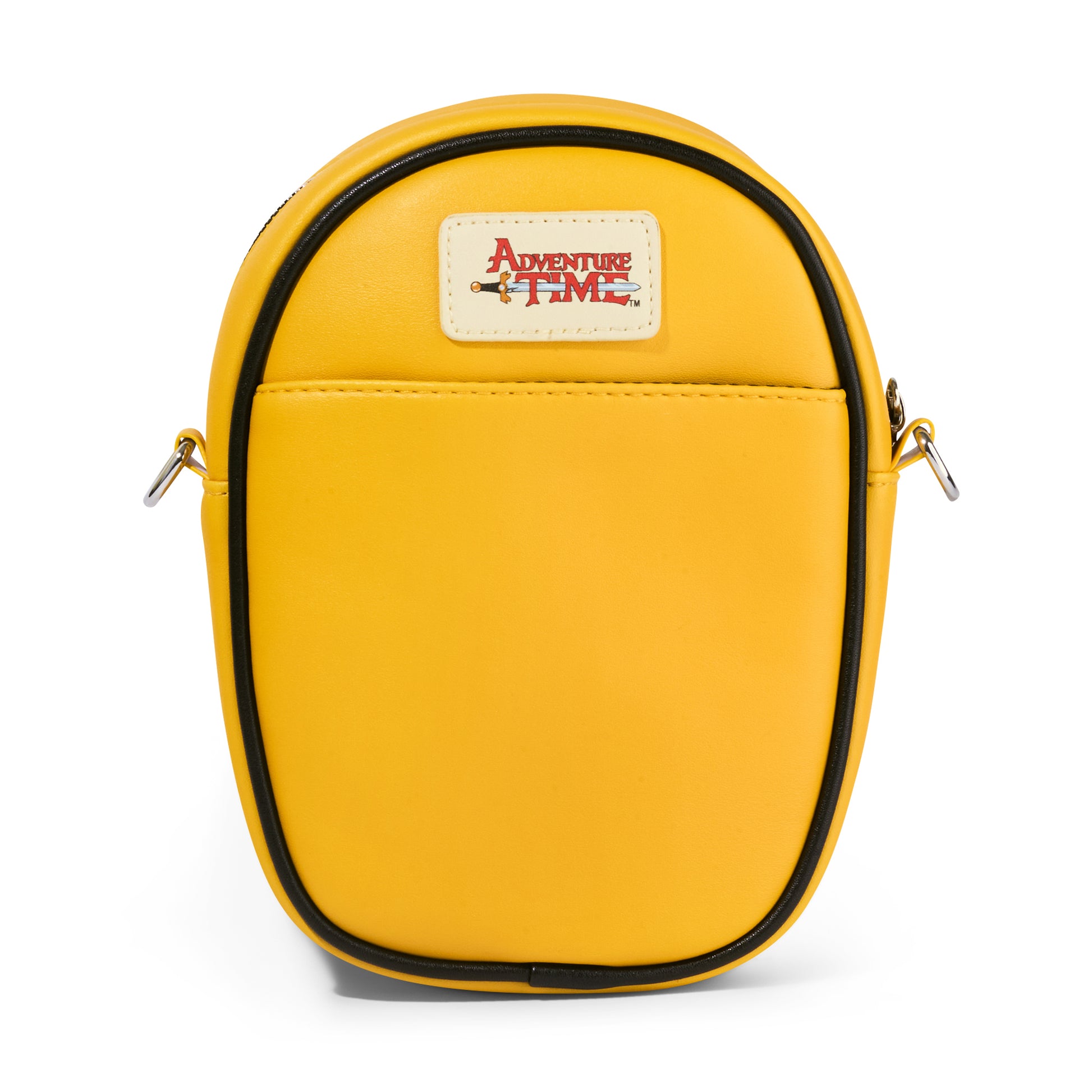 Adventure Time Vegan Leather Crossbody Bag with Adjustable Strap, Adventure Time Jake Character Close Up Yellow, Stripe Black White, 7" x 8" Crossbody Bags Adventure Time