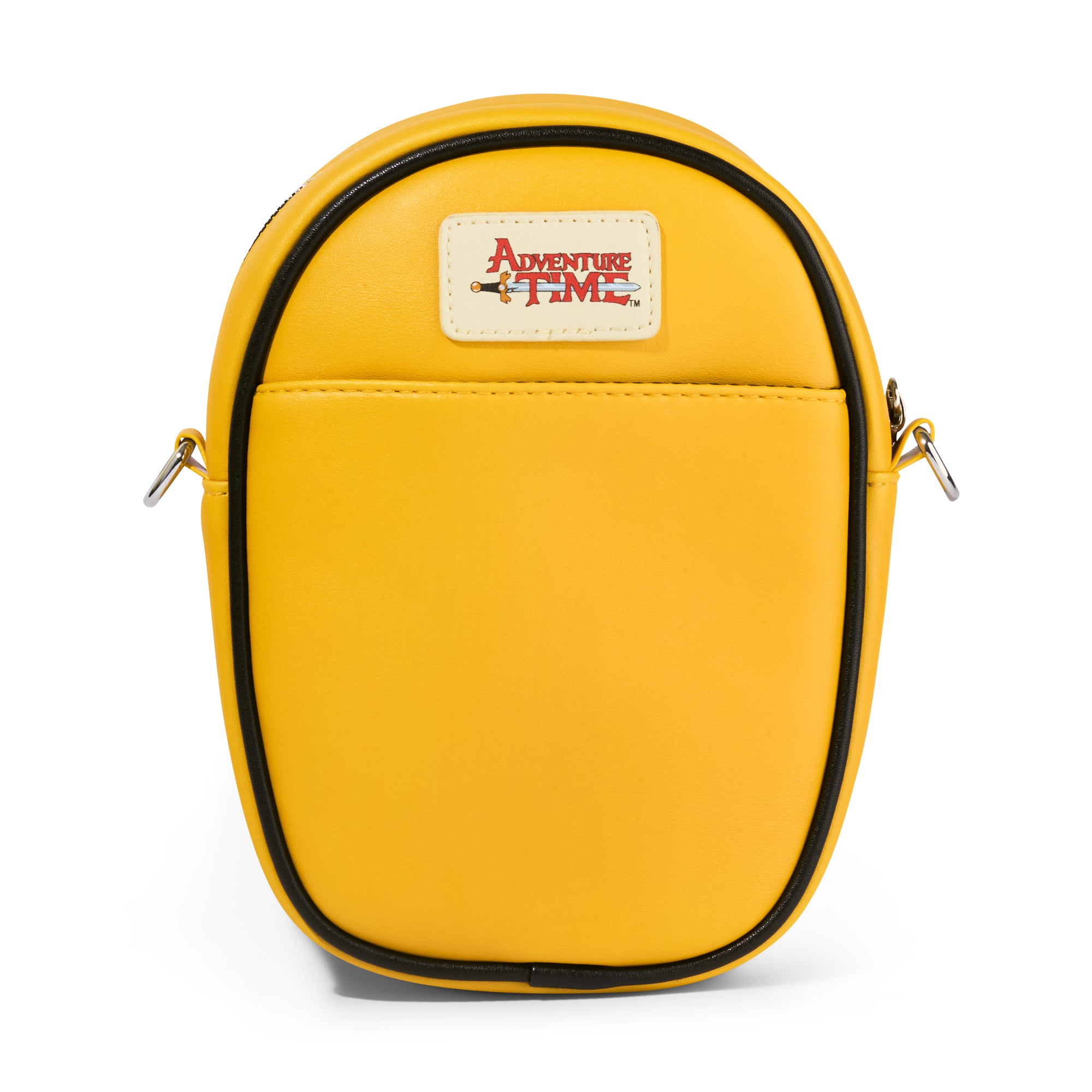 Adventure Time Vegan Leather Crossbody Bag with Adjustable Strap, Adventure Time Jake Character Close Up Yellow, Stripe Black White, 7" x 8" Crossbody Bags Adventure Time