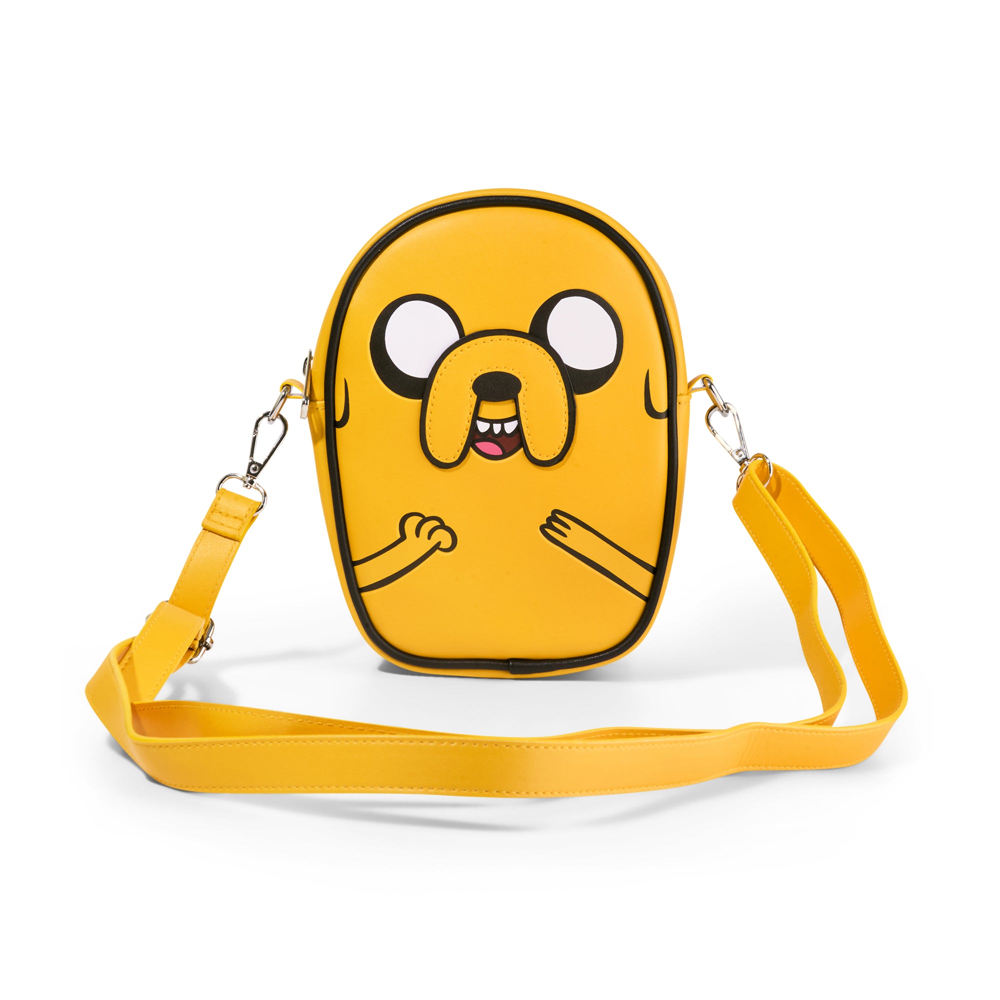 Adventure Time Vegan Leather Crossbody Bag with Adjustable Strap, Adventure Time Jake Character Close Up Yellow, Stripe Black White, 7" x 8" Crossbody Bags Adventure Time