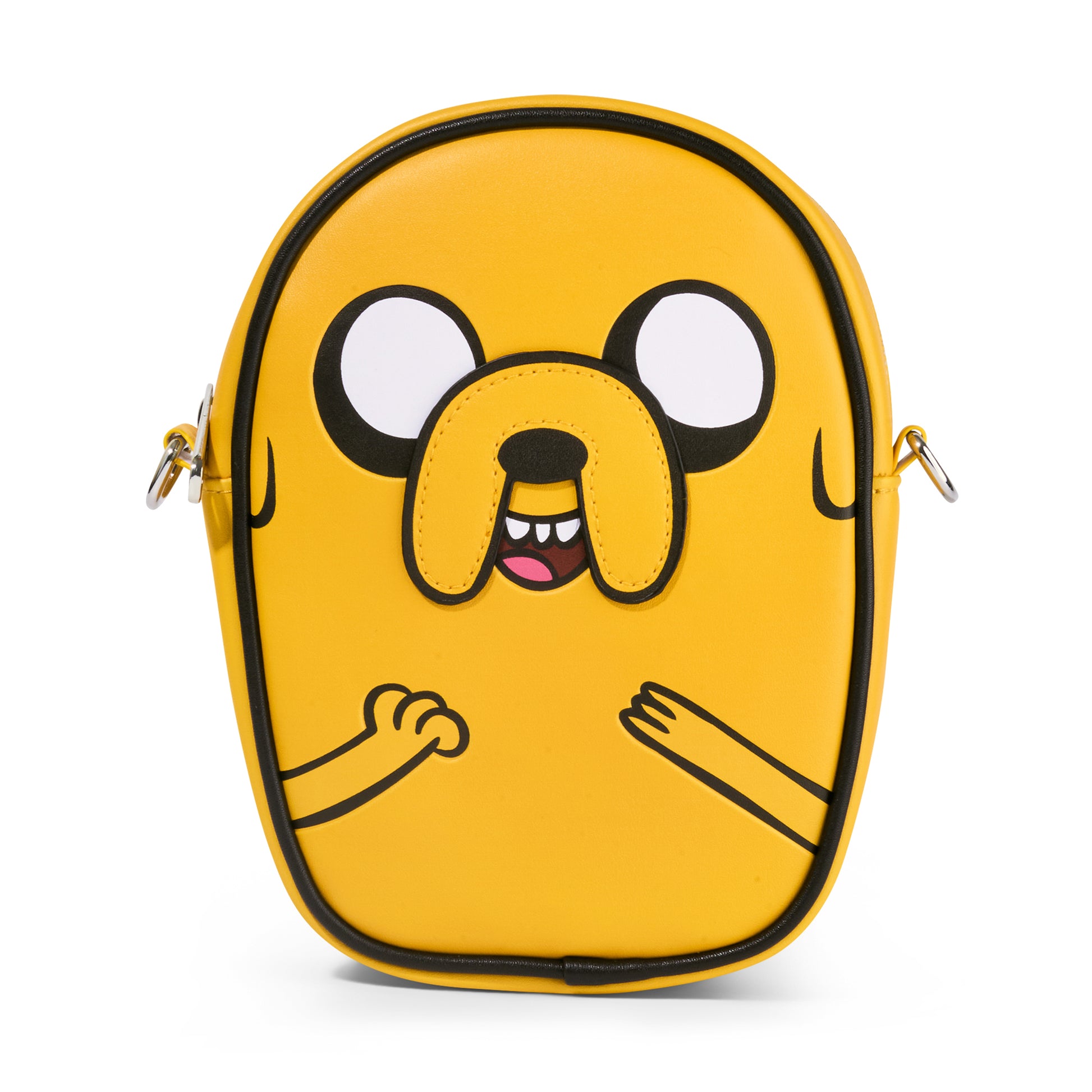 Adventure Time Vegan Leather Crossbody Bag with Adjustable Strap, Adventure Time Jake Character Close Up Yellow, Stripe Black White, 7" x 8" Crossbody Bags Adventure Time