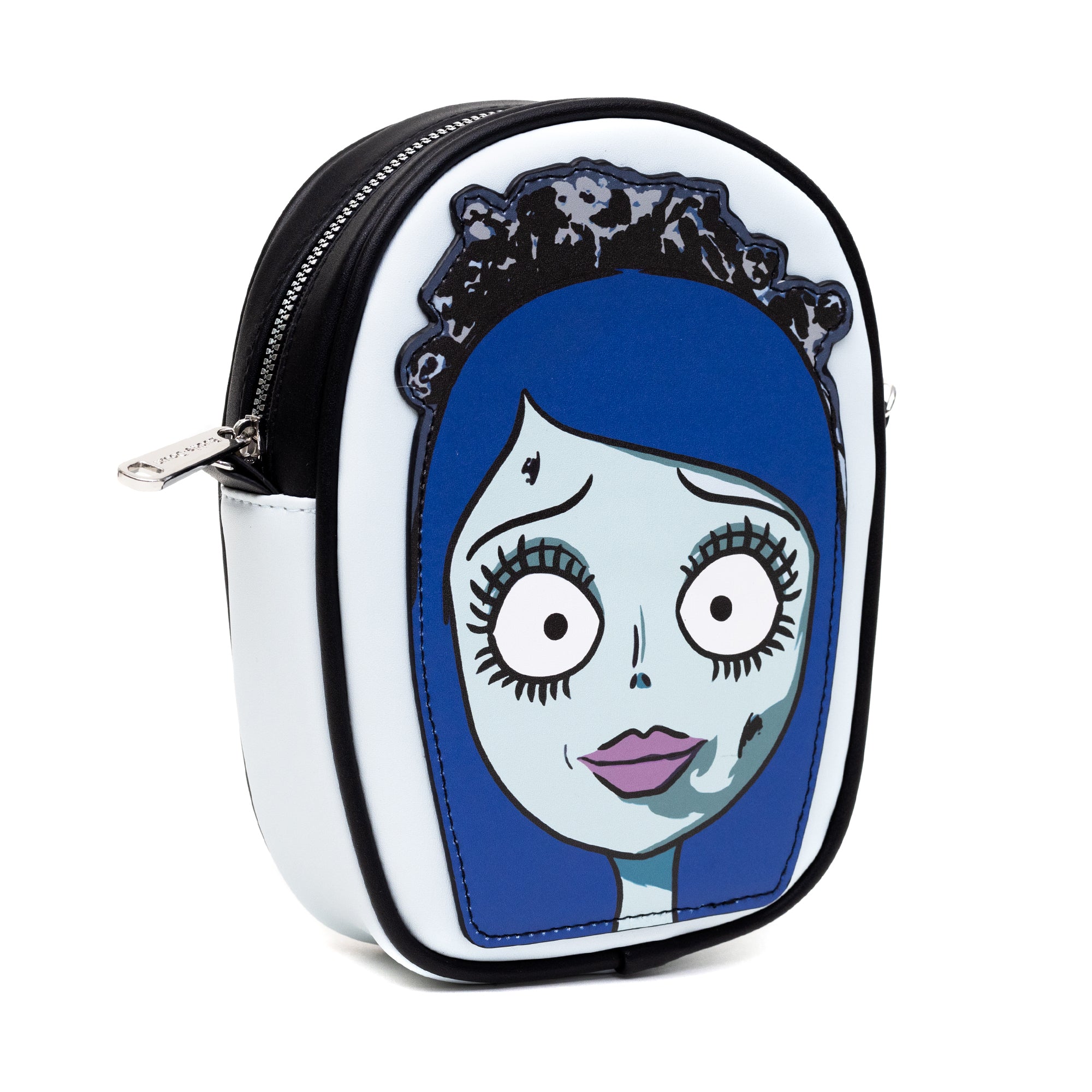 Horror Movies Vegan Leather Cross Body Bag, Emily the Corpse Bride Face Applique Pale Blue Crossbody Bags Corpse Bride