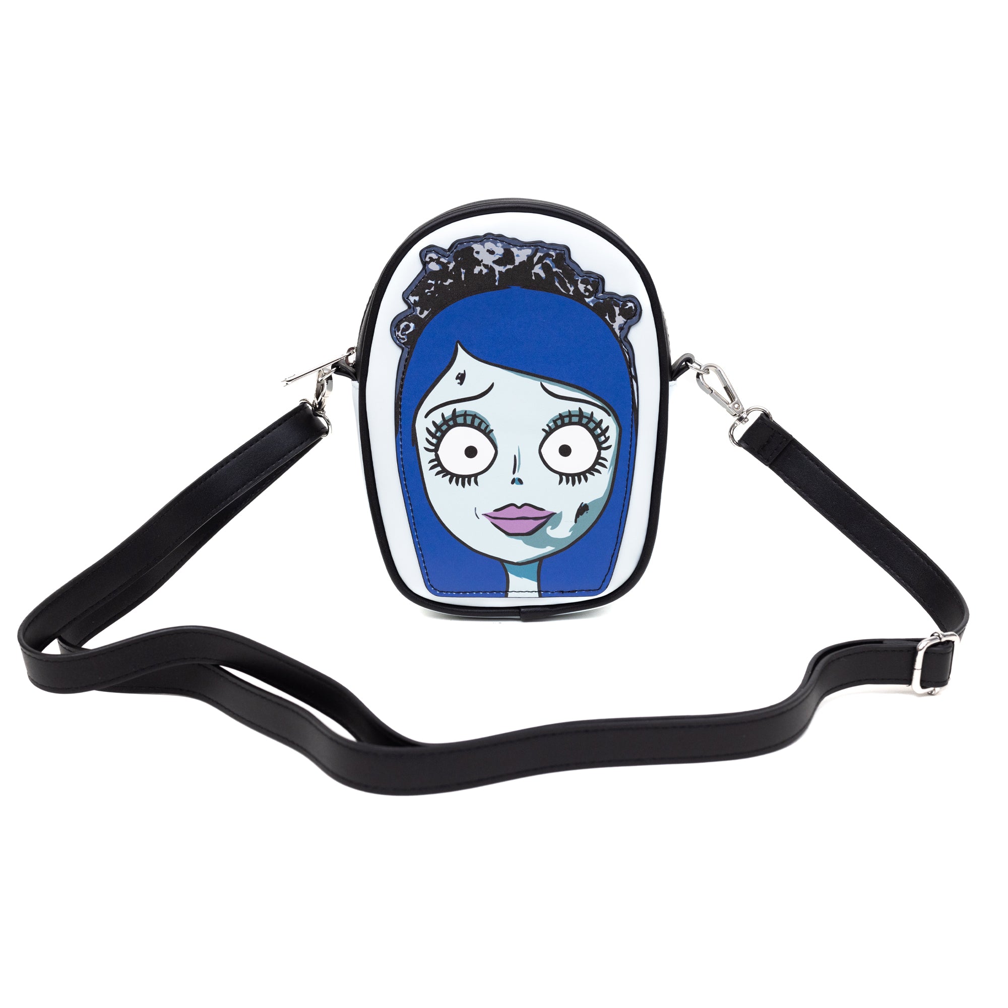 Horror Movies Vegan Leather Cross Body Bag, Emily the Corpse Bride Face Applique Pale Blue Crossbody Bags Corpse Bride