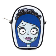 Horror Movies Vegan Leather Cross Body Bag, Emily the Corpse Bride Face Applique Pale Blue Crossbody Bags Corpse Bride