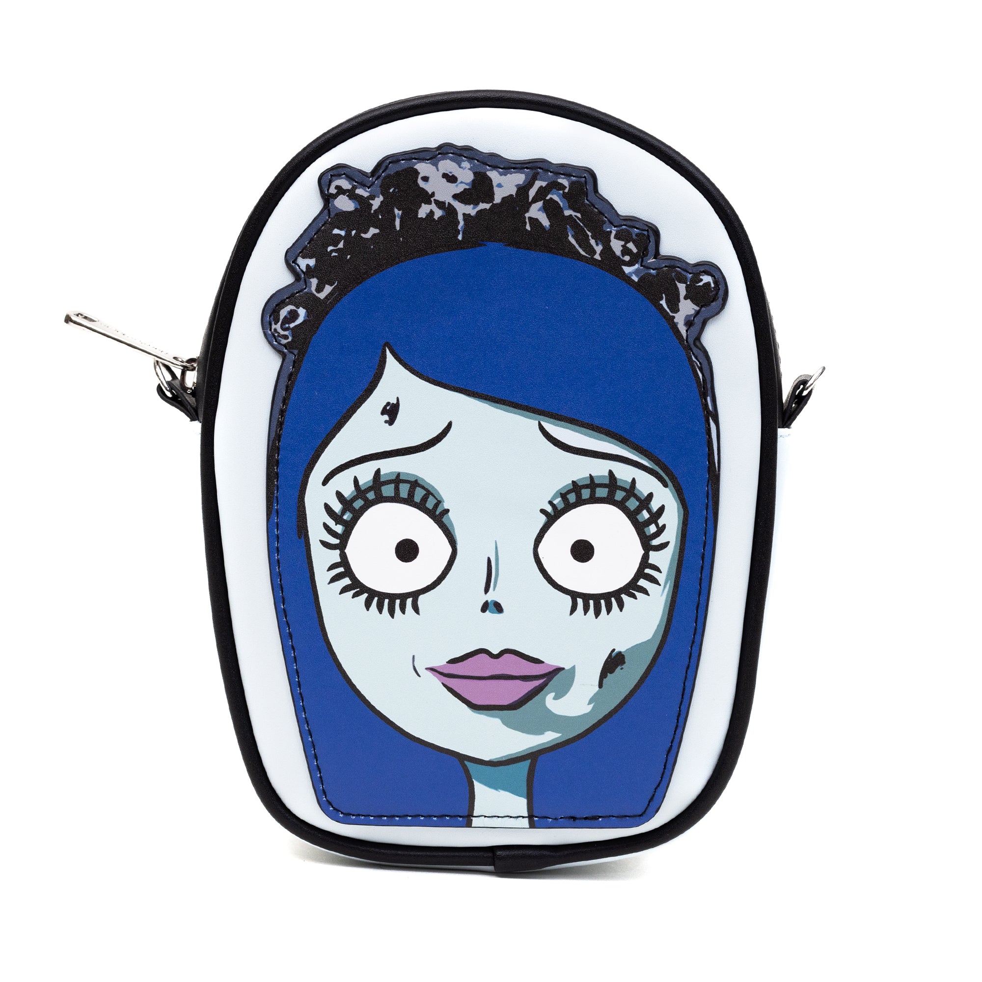 Horror Movies Vegan Leather Cross Body Bag, Emily the Corpse Bride Face Applique Pale Blue Crossbody Bags Corpse Bride