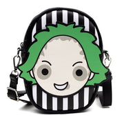 Horror Movies Vegan Leather Cross Body Bag with Adjustable Strap, Beetlejuice Smiling Chibi Face Applique, Stripe Black White, 7" x 8" Crossbody Bags Beetlejuice