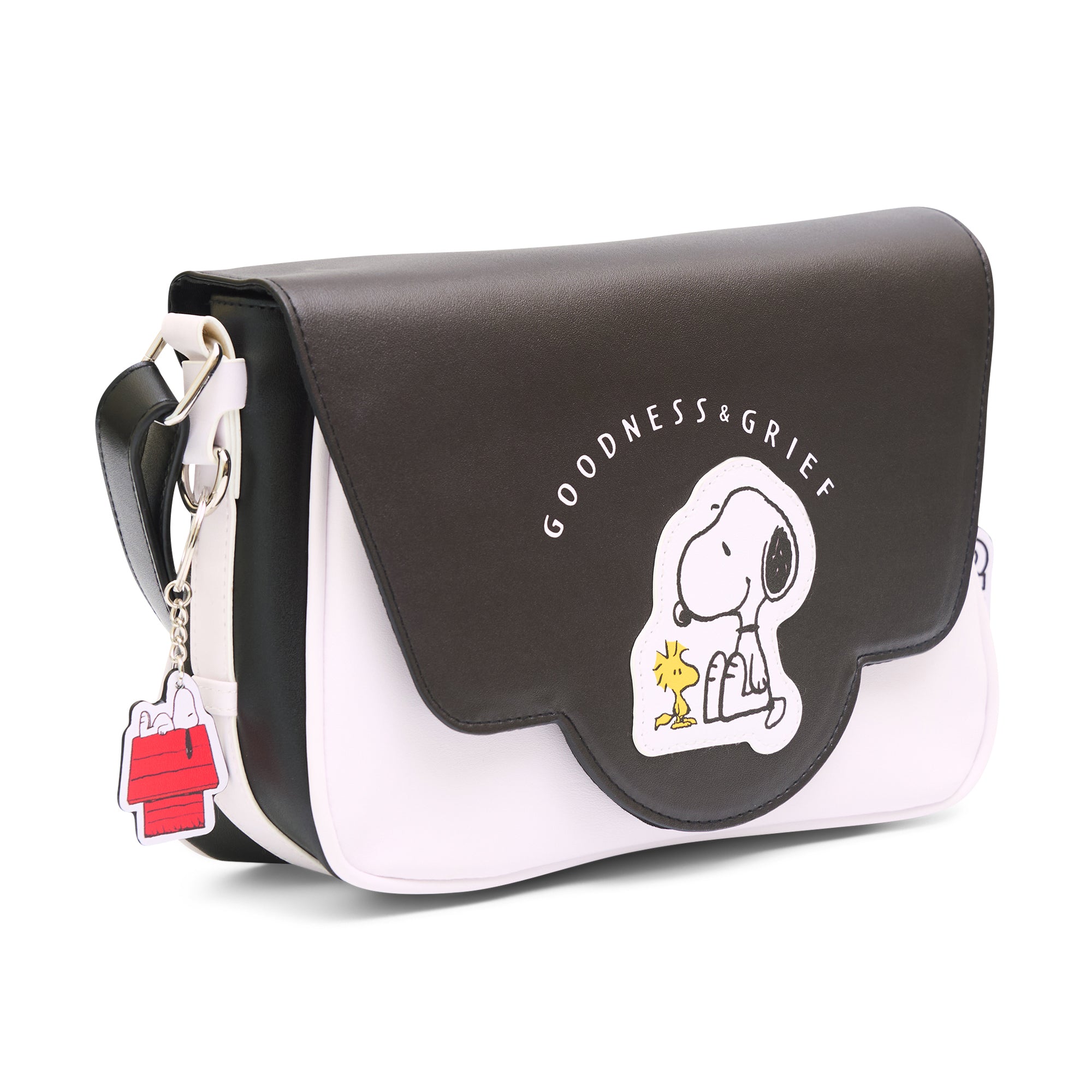 Peanuts Bag, Fold Over Crossbody, Peanuts Woodstock and Snoopy Goodness and Grief Pose Black, Vegan Leather Crossbody Bags Peanuts