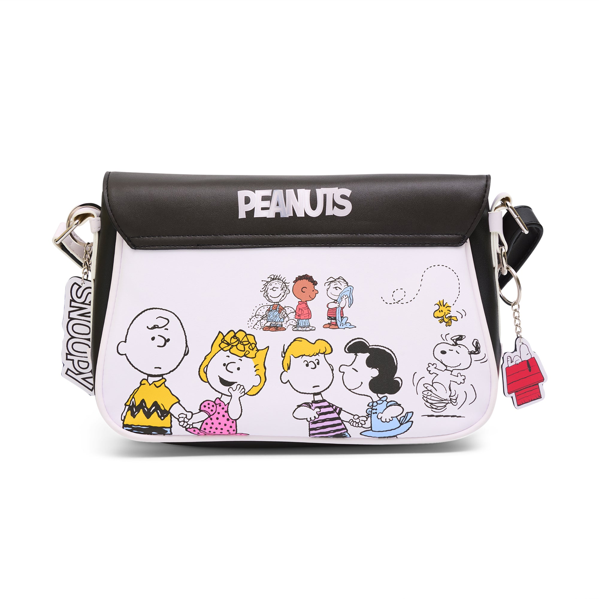 Peanuts Bag, Fold Over Crossbody, Peanuts Woodstock and Snoopy Goodness and Grief Pose Black, Vegan Leather Crossbody Bags Peanuts