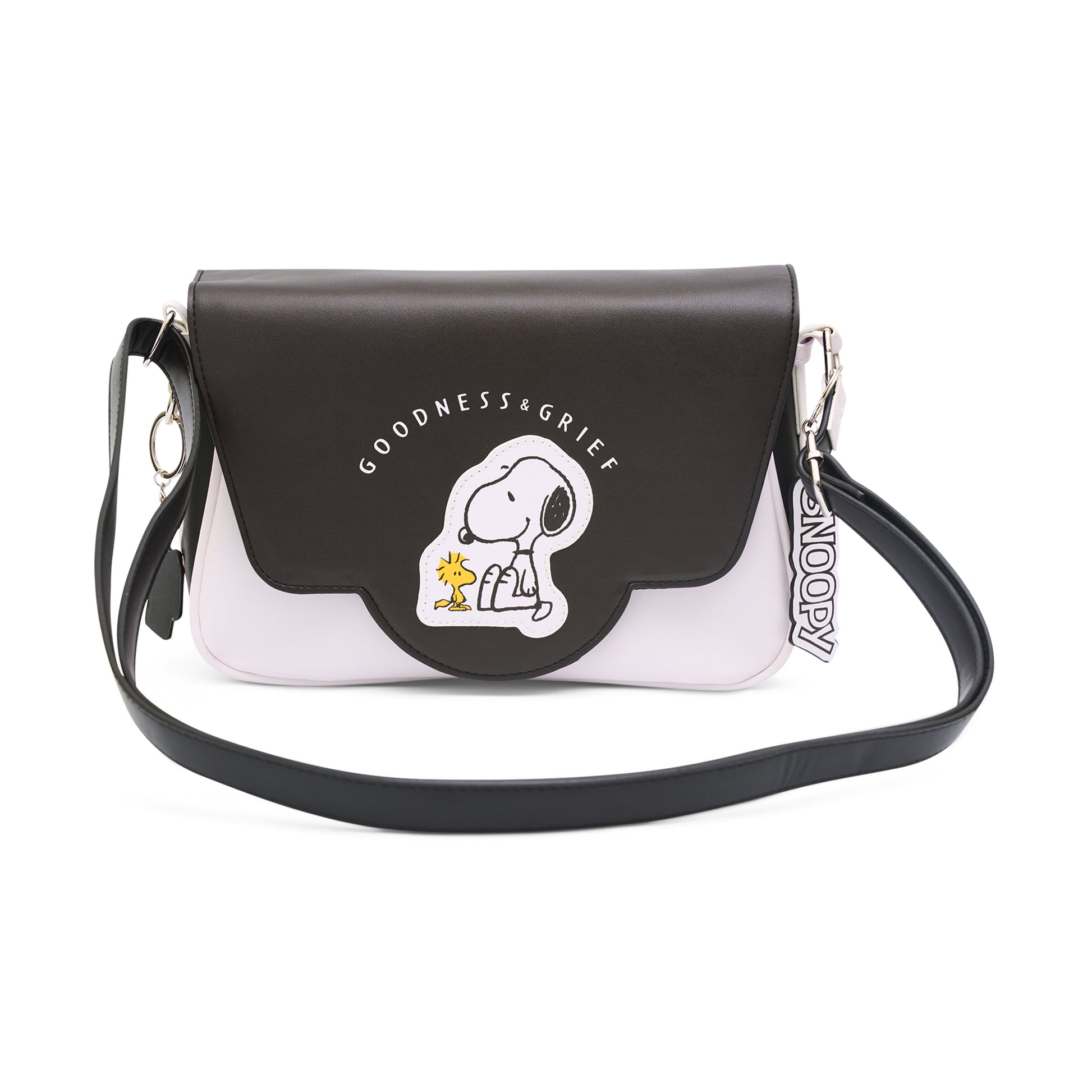 Peanuts Bag, Fold Over Crossbody, Peanuts Woodstock and Snoopy Goodness and Grief Pose Black, Vegan Leather Crossbody Bags Peanuts