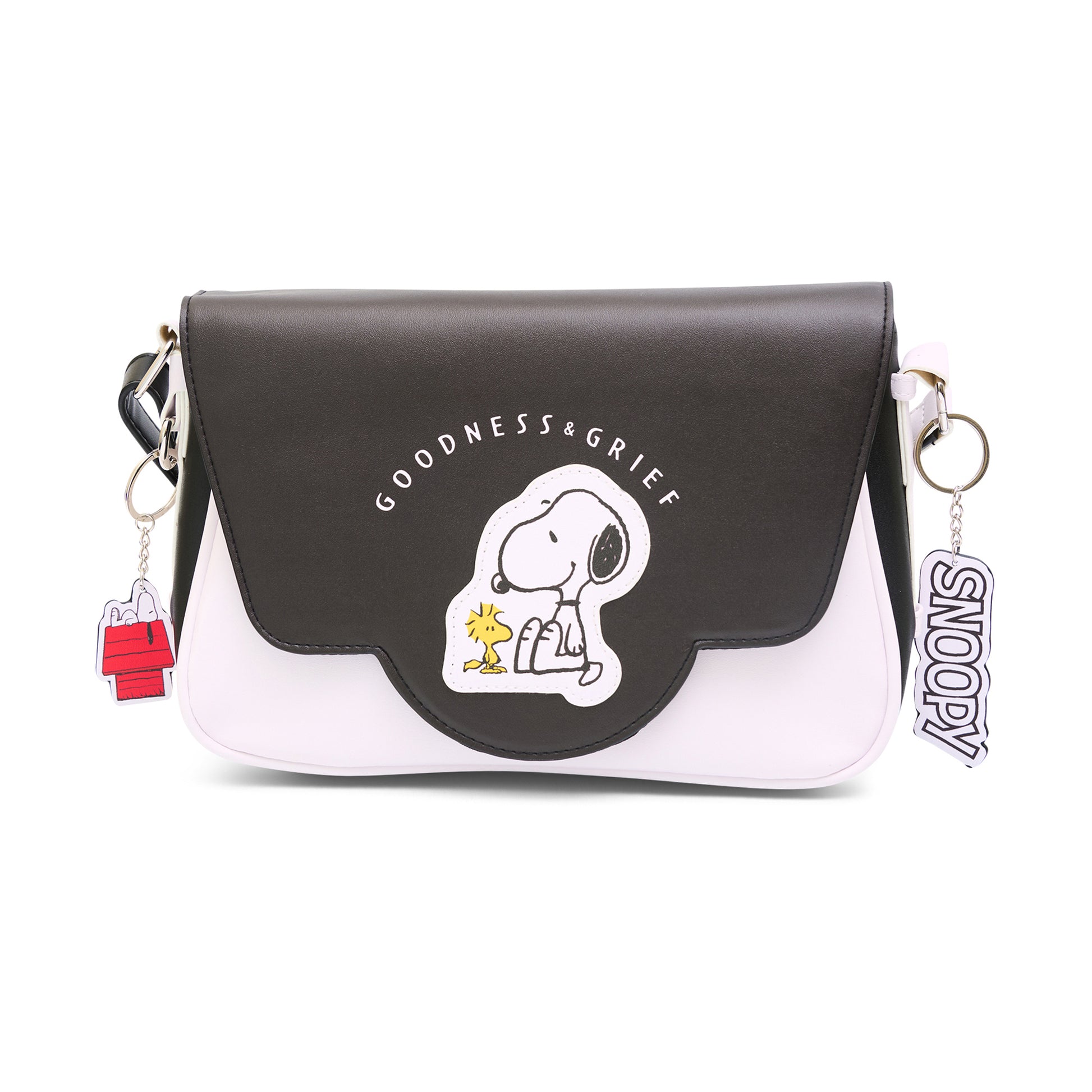 Peanuts Bag, Fold Over Crossbody, Peanuts Woodstock and Snoopy Goodness and Grief Pose Black, Vegan Leather Crossbody Bags Peanuts