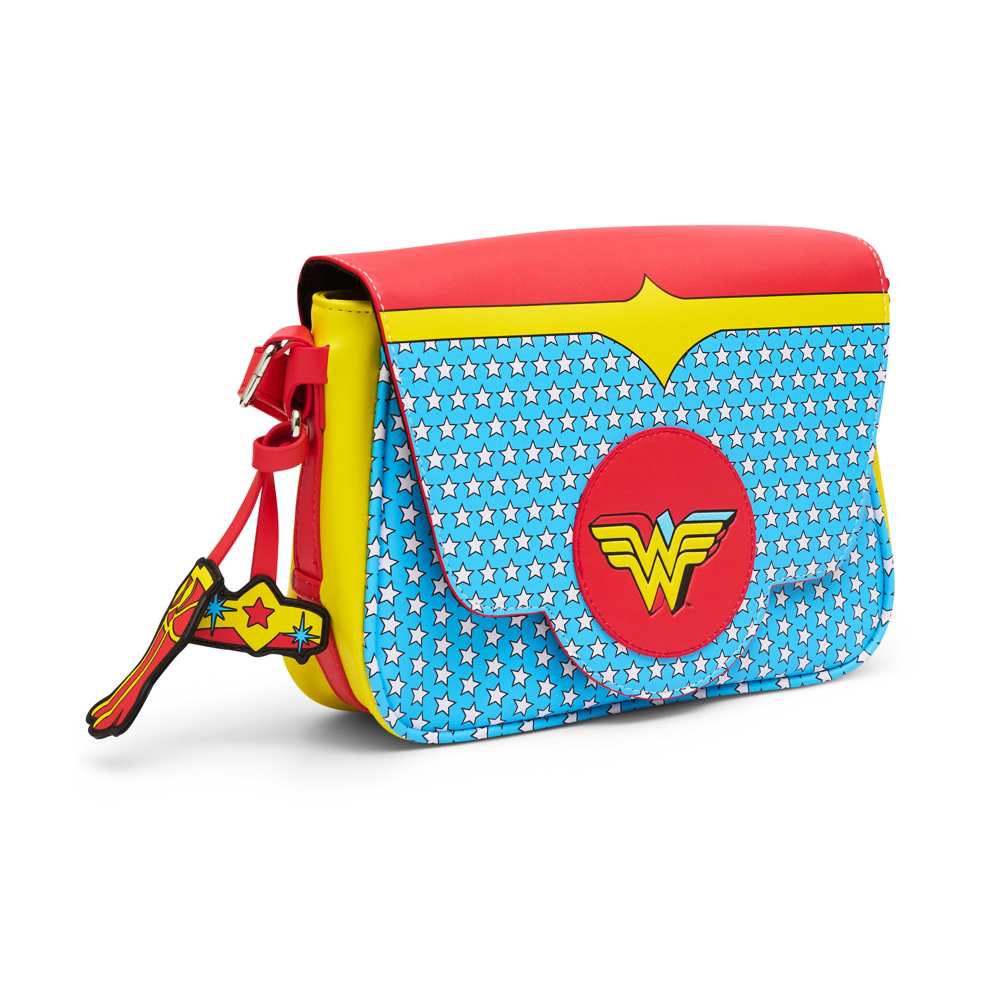DC Comics Bag, Fold Over Crossbody, Wonder Woman Logo Character Bodice Icons Multi Color, Vegan Leather Crossbody Bags DC Comics