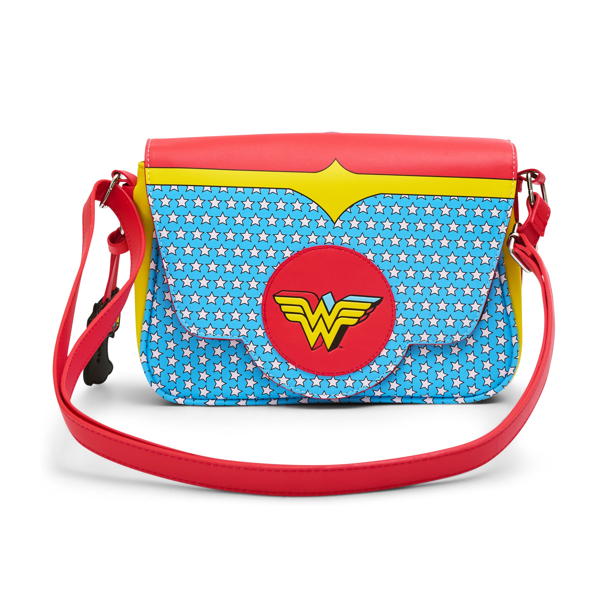 DC Comics Bag, Fold Over Crossbody, Wonder Woman Logo Character Bodice Icons Multi Color, Vegan Leather Crossbody Bags DC Comics