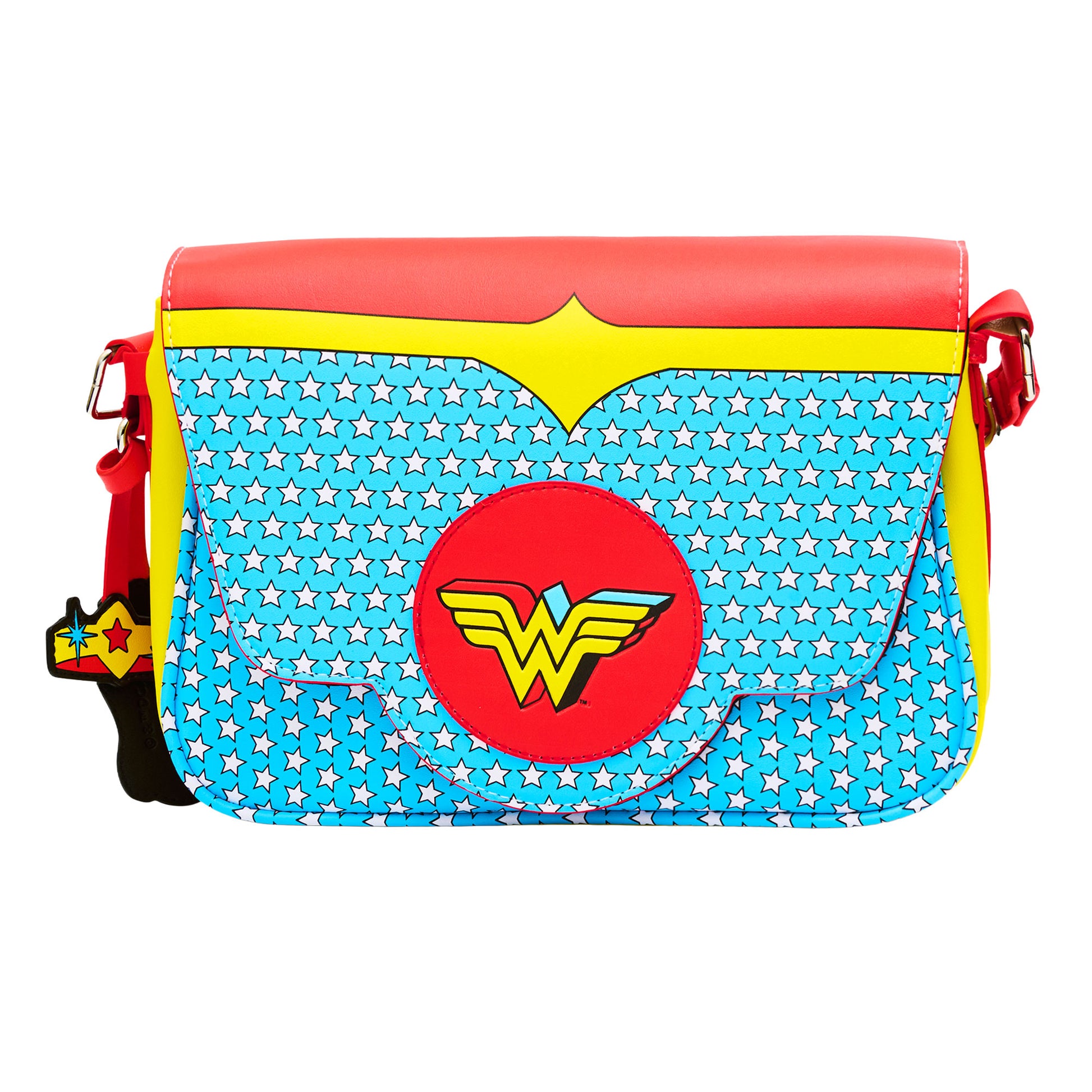 DC Comics Bag, Fold Over Crossbody, Wonder Woman Logo Character Bodice Icons Multi Color, Vegan Leather Crossbody Bags DC Comics