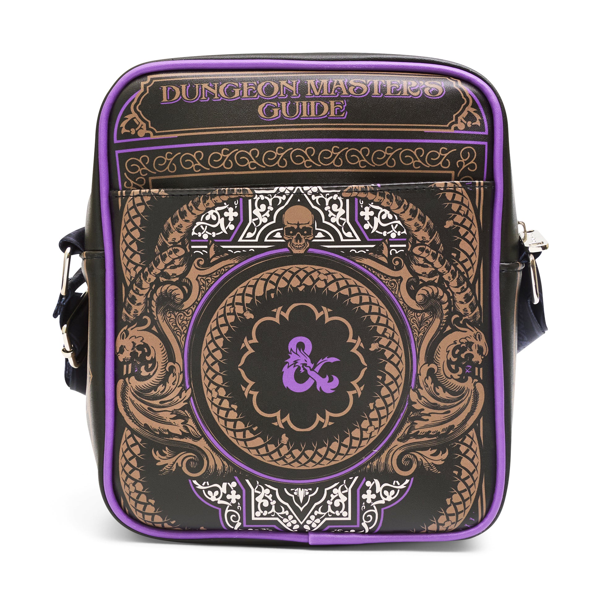 Wizards of the Coast Vegan Leather Crossbody Bag with Front and Back Zip Pocket, Dungeons and Dragons Dungeon Masters Guide Face Icon Black, 8.5" x 10.0" Crossbody Bags Dungeons & Dragons
