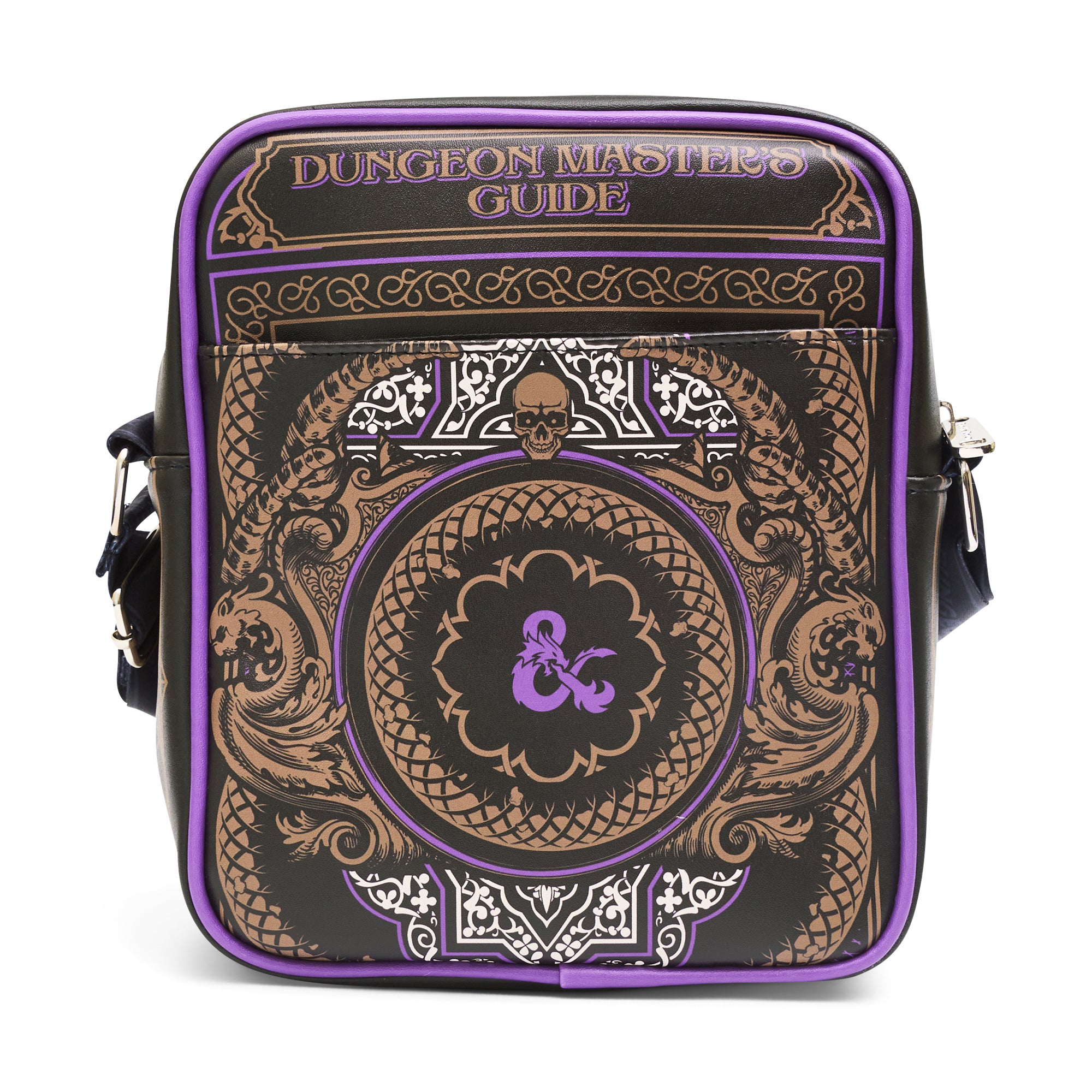 Wizards of the Coast Vegan Leather Crossbody Bag with Front and Back Zip Pocket, Dungeons and Dragons Dungeon Masters Guide Face Icon Black, 8.5" x 10.0" Crossbody Bags Dungeons & Dragons