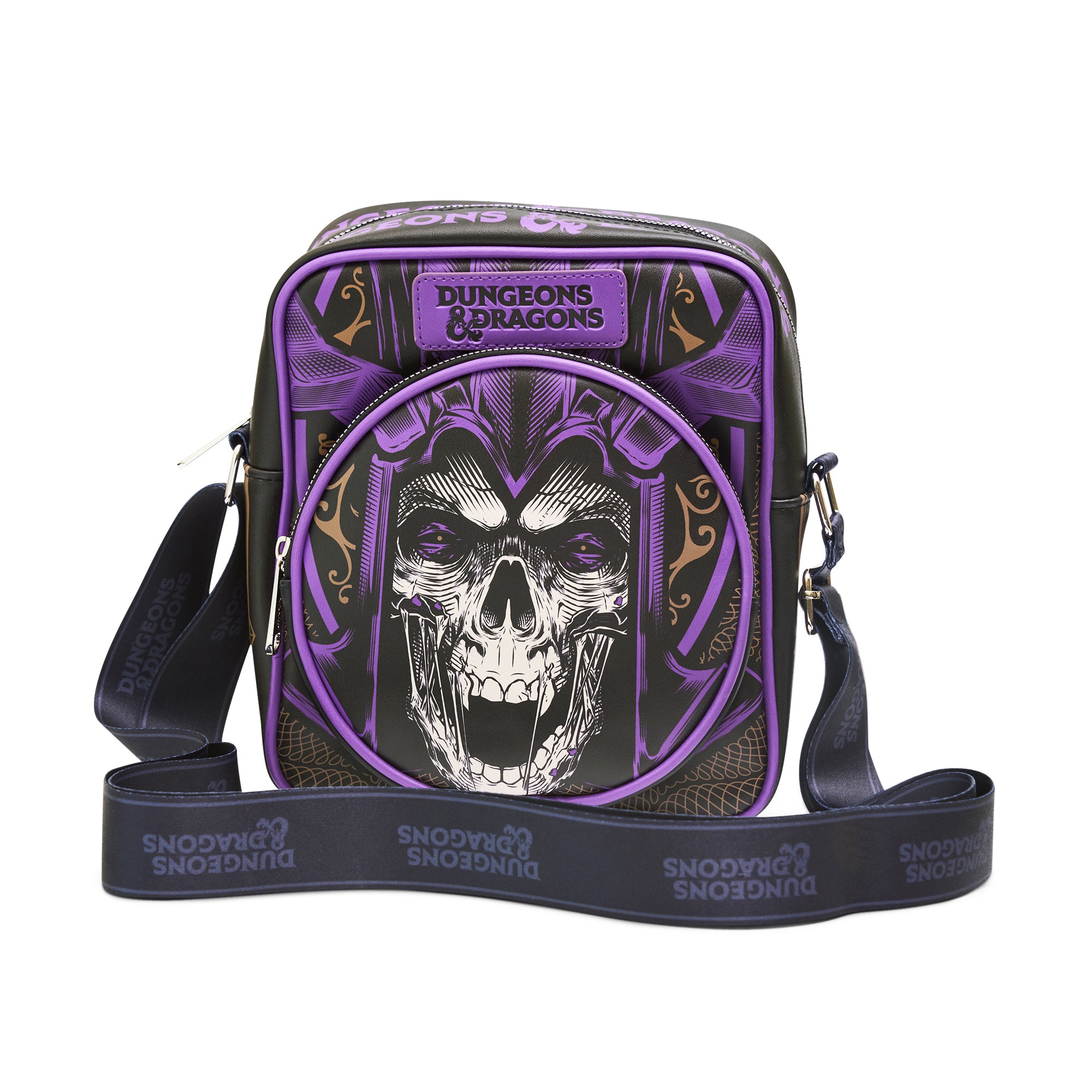 Wizards of the Coast Vegan Leather Crossbody Bag with Front and Back Zip Pocket, Dungeons and Dragons Dungeon Masters Guide Face Icon Black, 8.5" x 10.0" Crossbody Bags Dungeons & Dragons